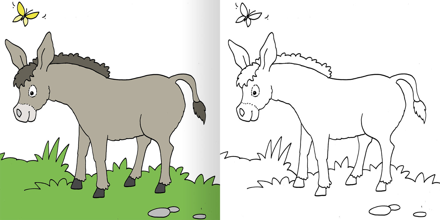 Gezeigt wird eine Innen- oder Zusatzansicht von „Mein erstes dickes Malbuch ab 2 – Lieblingstiere“. Links ist ein graubrauner Esel zu sehen, der auf einer grünen Wiese steht, umgeben von einigen Steinen und gelben Schmetterlingen. Der Esel hat eine markante Mähne in dunkler Farbe. Rechts zeigt die Zusatzansicht eine ausmalbare Version des Esels in schwarz-weiß. Die klare, einfache Linienführung und die großen Flächen laden zum Ausmalen ein.