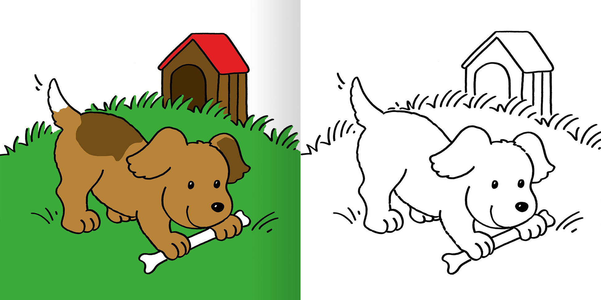 Gezeigt wird eine Innen- oder Zusatzansicht von „Mein erstes dickes Malbuch ab 2 – Lieblingstiere“. Auf der linken Seite befindet sich ein farbenfrohes Bild eines braunen Hundes, der mit einem Knochen auf grünem Gras spielt, im Hintergrund ein rotes Hundehäuschen. Die rechte Seite zeigt die gleiche Szene als Ausmalbild in Schwarzweiß, wodurch die Konturen des Hundes, des Grases und des Hundehäuschens deutlich hervortreten. Die einfache, kindgerechte Typografie unterstützt das...