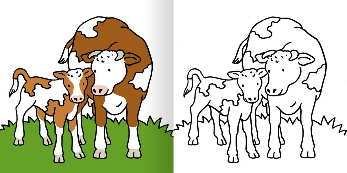 Gezeigt wird eine Innen- oder Zusatzansicht von „Mein erstes dickes Malbuch ab 2 – Lieblingstiere“. Die Abbildung zeigt zwei Kühe, eine Mutterkuh mit braunen und weißen Flecken sowie ein Kalb mit einer ähnlichen Musterung. Der Hintergrund ist grün und vermittelt ein freudiges, naturnahes Ambiente. Auf der rechten Seite ist die Outlinedarstellung des Motivs zu sehen, die zum Ausmalen einlädt. Die einfache, klare Typografie sorgt für eine ansprechende Lesbarkeit.