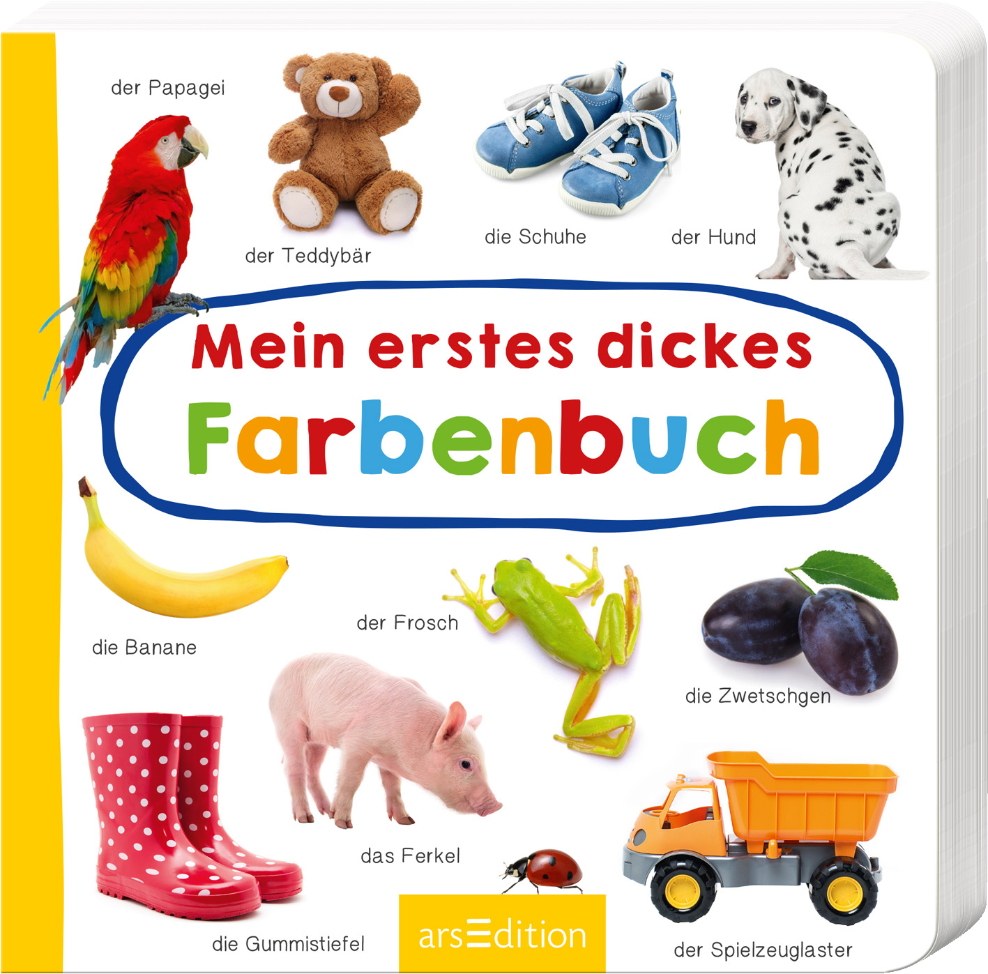 Das Buchcover zeigt eine helle, fröhliche Gestaltung mit einem gelben Rand. In der Mitte steht in bunten, verspielten Buchstaben der Titel „Mein erstes dickes Farbenbuch“. Um den Titel sind verschiedene Illustrationen platziert, darunter ein Papagei, ein Teddybär, Schuhe, ein Hund, eine Banane, ein Frosch, eine Zwetschge, ein Ferkel, Gummistiefel und ein Spielzeuglaster. Die Atmosphäre ist lebhaft und kindgerecht. Ganz unten mittig steht der Logoschriftzug von arsEdition.