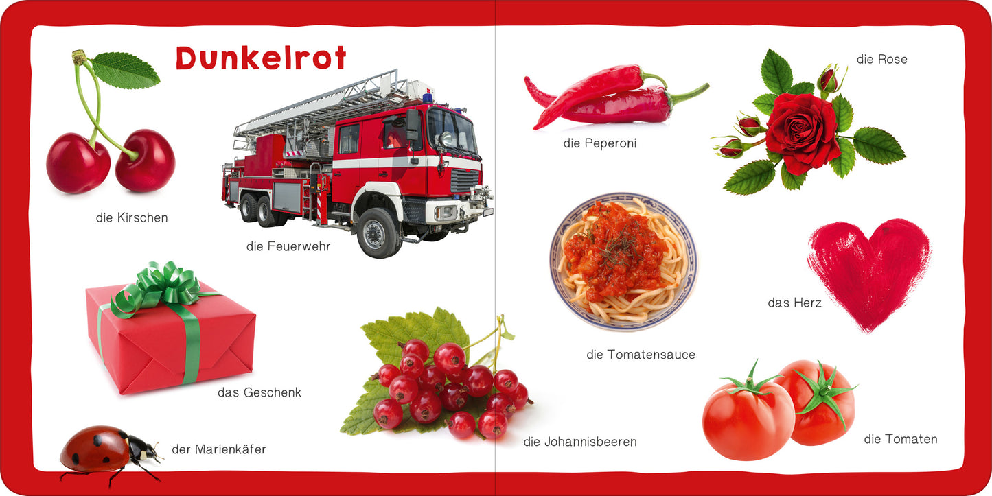 Gezeigt wird eine Innenansicht von „Mein erstes dickes Farbenbuch“. Das Layout ist in kräftigen Dunkelrot- und Hellbunt-Tönen gehalten. Auf der linken Seite sind Bilder von Kirschen, einer Feuerwehr, einem Geschenk und einem Marienkäfer abgebildet. Auf der rechten Seite finden sich Illustrationen von Paprika, einer Rose, Herz und Tomaten, jeweils mit den passenden deutschen Bezeichnungen. Die Typografie ist groß und gut leserlich, was eine ansprechende und kinderfreundliche Gestaltung...