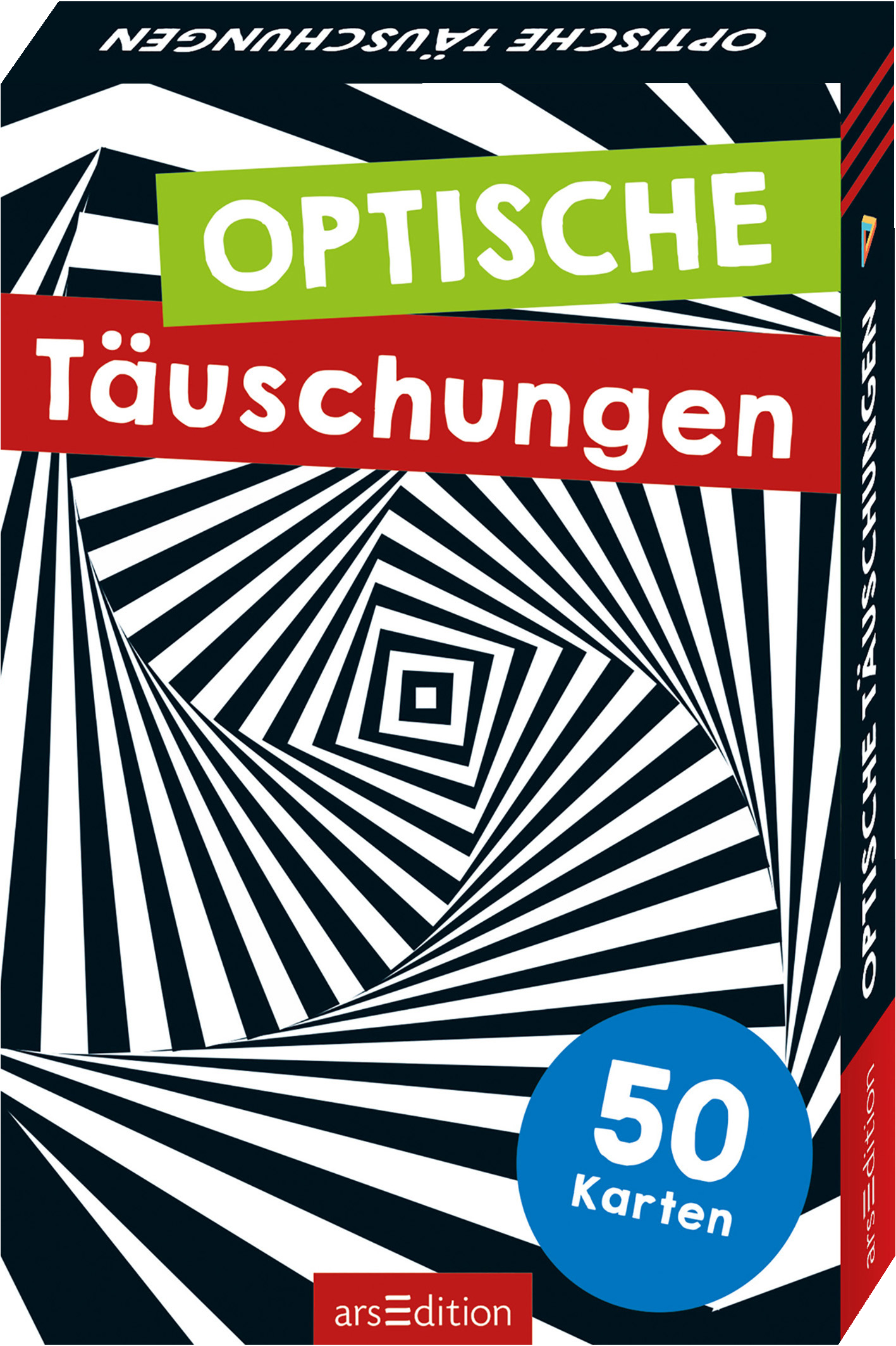Das Buchcover zeigt ein dynamisches Muster aus schwarz-weißen spiralförmigen Linien, die eine optische Täuschung erzeugen. Der Titel „OPTISCHE Täuschungen“ ist prominent in grüner und roter Schrift platziert, was einen starken Kontrast zur Hintergrundgestaltung bietet. In leuchtendem Blau ist die Zahl „50“ auf einem runden Element abgebildet, das die Anzahl der enthaltenen Karten anzeigt. Ganz unten mittig steht der Logoschriftzug von arsEdition.