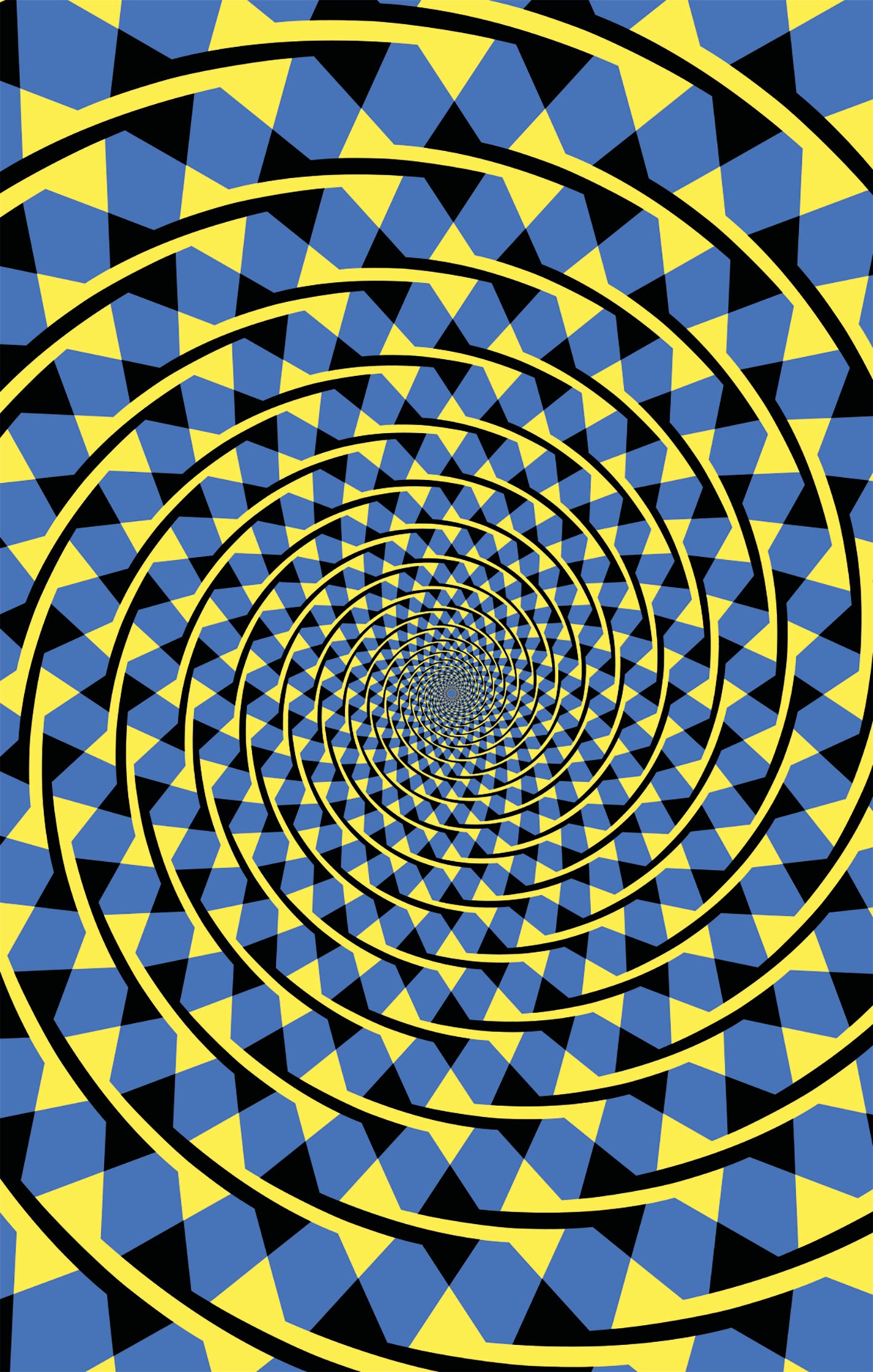 Gezeigt wird eine Innen- oder Zusatzansicht von „Optische Täuschungen“. Die Abbildung zeigt ein spiralförmiges Muster in Blau und Gelb, das vor einem schwarzen Hintergrund angeordnet ist. Die geometrischen Formen sind in sich wiederholenden Rauten und Dreiecken organisiert, die den Eindruck von Tiefe und Bewegung vermitteln. Die klare Typografie verstärkt das visuelle Erlebnis und trägt zur insgesamt hypnotischen Wirkung bei.