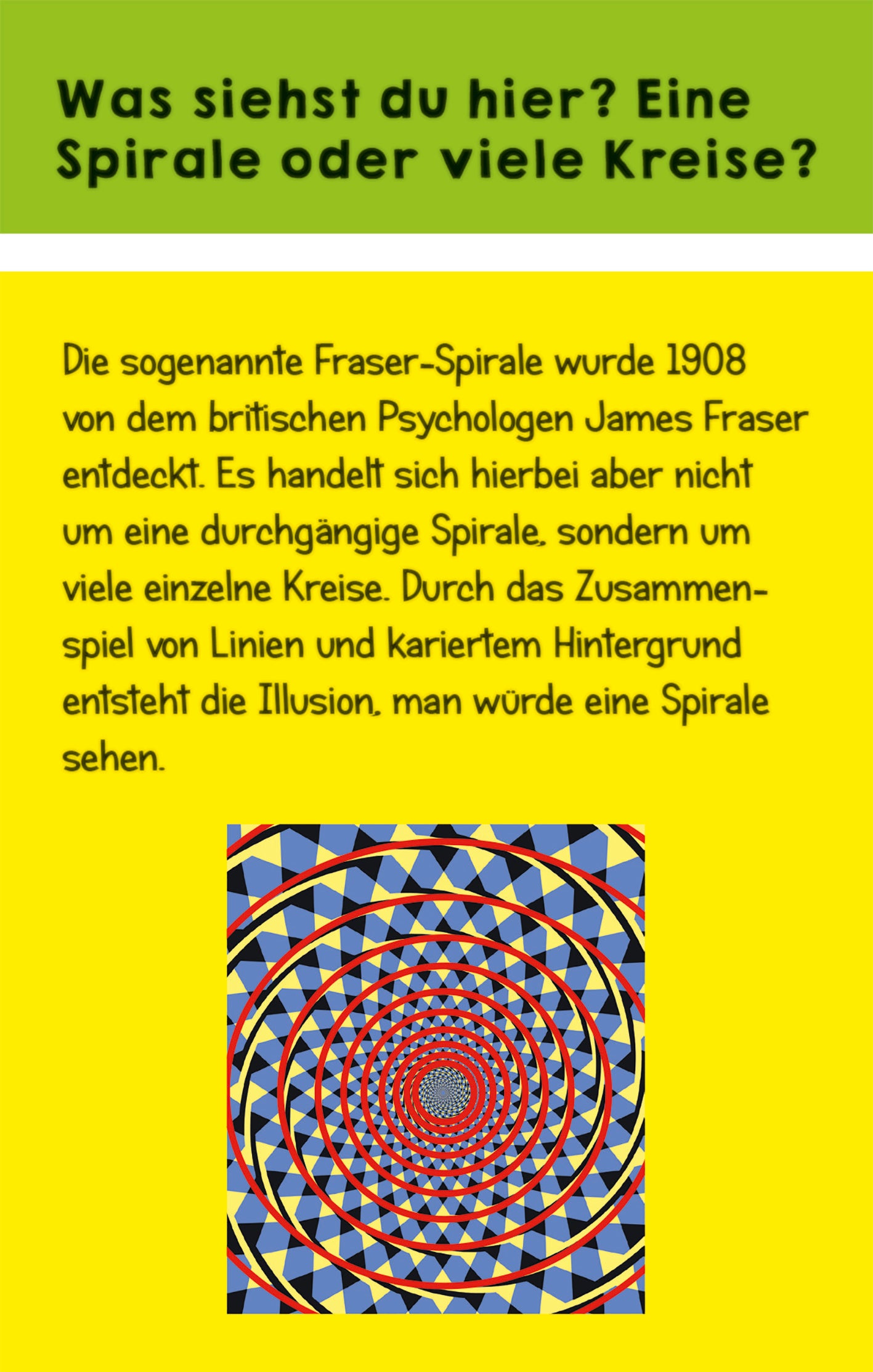 Gezeigt wird eine Innen- oder Zusatzansicht von „Optische Täuschungen“. Der Hintergrund ist in einem hellen Gelbton gehalten, während der obere Abschnitt in einem satten Grünton gestaltet ist. Zentrale Elemente sind die kreisförmigen Muster der Fraser-Spirale, die in Blau, Rot und Schwarz gestaltet sind. Die Typografie ist spielerisch und ansprechend, mit hervorgehobenen Fragen und erklärenden Texten über die Illusion, die durch Linien und geometrische Formen erzeugt wird.