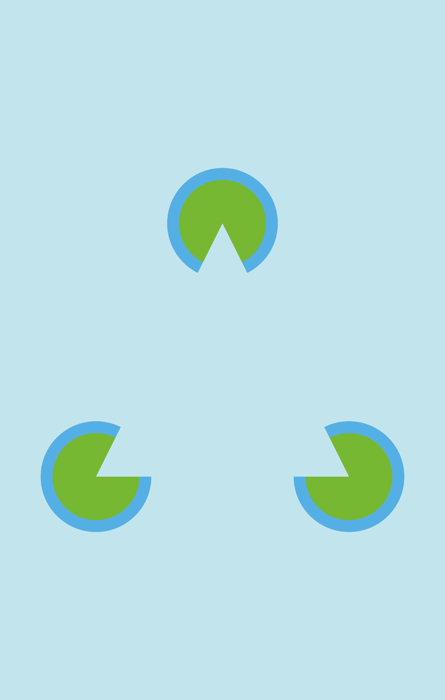 Gezeigt wird eine Innen- oder Zusatzansicht von „Optische Täuschungen“. Die Illustration zeigt ein leicht bläuliches Hintergrundfeld mit drei symmetrisch angeordneten, halbkreisförmigen Elementen. Diese bestehen aus einem grünen, spitzen Teil und einem blauen äußeren Rand. Die Formen erzeugen einen Eindruck von Bewegung und Tiefe, unterstützt durch kontrastreiche Farben und moderne, klare Linienführung. Die Typografie ist minimalistisch und passt harmonisch zum Bildstil.