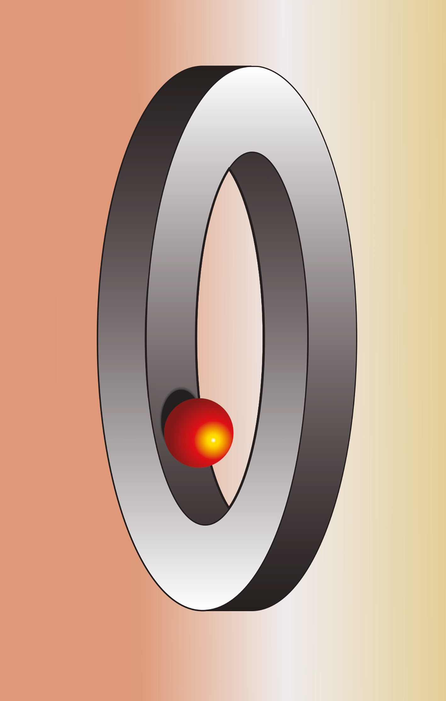 Gezeigt wird eine Innen- oder Zusatzansicht von „Optische Täuschungen“. Die Darstellung zeigt eine graue, ringförmige Struktur mit einem aufgehellten, glänzenden Rand, die sich vor einem sanften Farbverlauf von Beige zu Hellgelb abhebt. Im Inneren des Rings befindet sich eine rote Kugel, die einen Kontrast zu den neutralen Farben bietet. Die Typografie ist klar und modern, wodurch der visuelle Effekt verstärkt wird.