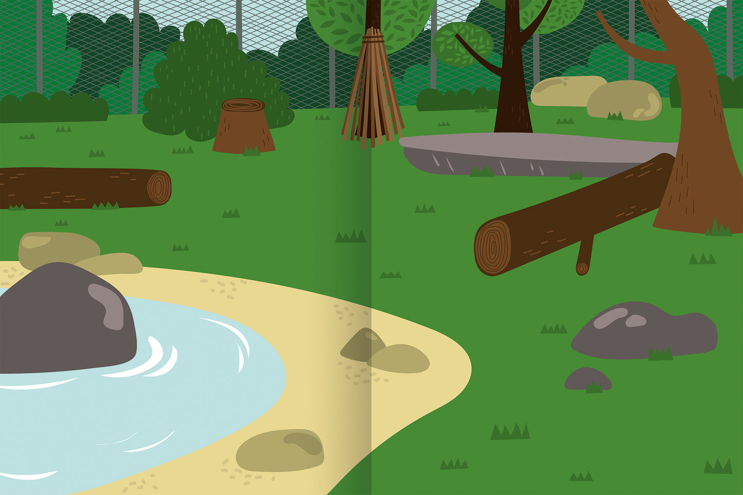 Gezeigt wird eine Innenansicht von „Erstes Stickern – Zoo“. Die Szene zeigt einen bunten Zoo mit grüner Wiese, einem kleinen Gewässer und mehreren Steinen. Links ist ein Sandbereich mit Wasser zu sehen, während auf der rechten Seite Baumstämme und Felsen platziert sind. Die Farben sind lebhaft und einladend, mit verschiedenen Grüntönen für die Wiese und Bäume sowie Naturtönen für die Steine. Die Gestaltung ist einfach und klar, ohne komplexe Details.