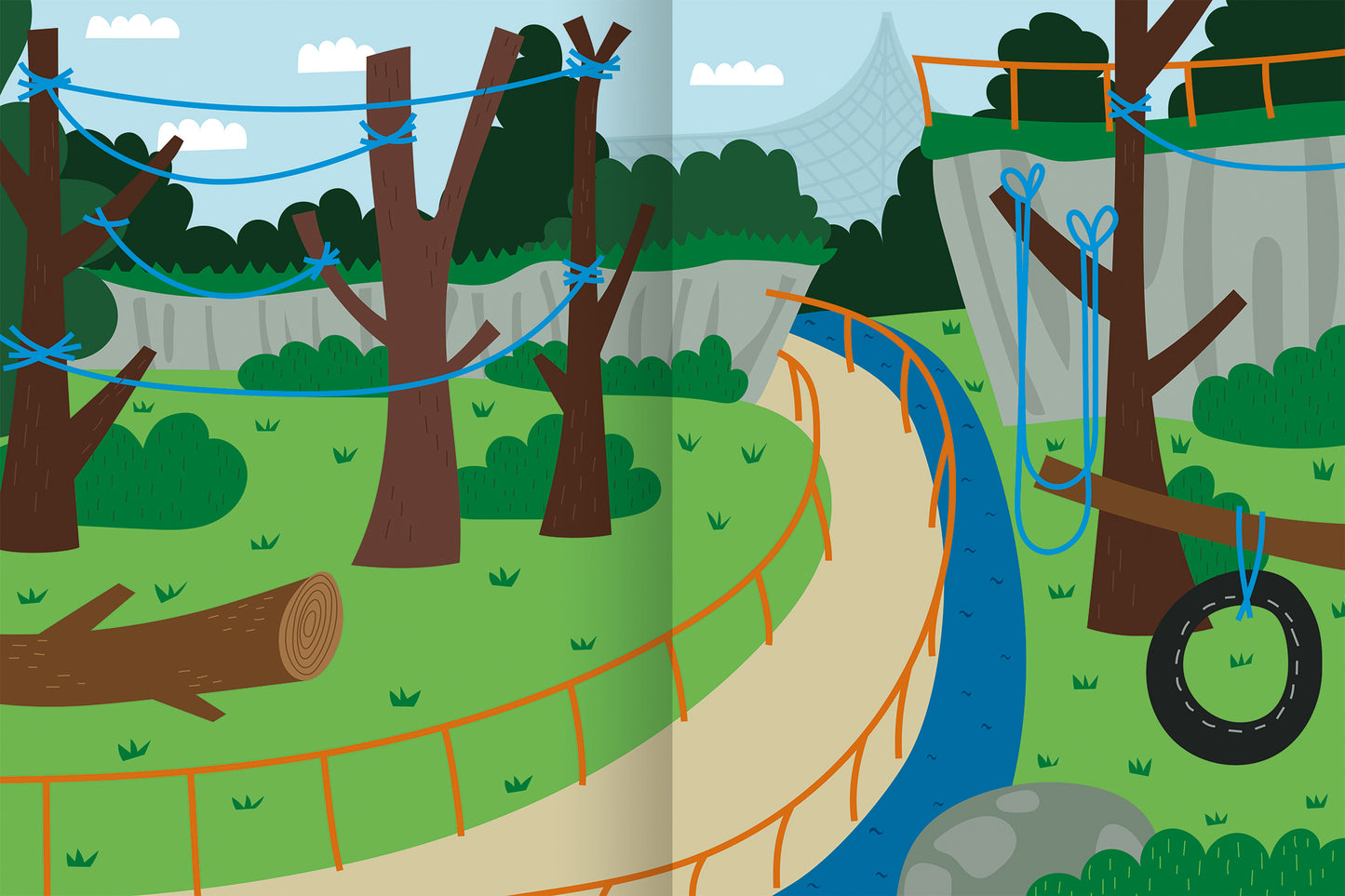 Gezeigt wird eine Innen- oder Zusatzansicht von „Erstes Stickern – Zoo“. Die Darstellung präsentiert eine grüne Landschaft mit vereinfachten Bäumen, die mit blauen Bändern verknüpft sind. Ein gebogenes Ufer mit einem blauen Wasserlauf fließt durch die Szene. Ein dicker Baumstamm und ein Reifen hängen spielerisch von einem Baum. Der Himmel ist hellblau mit weißen Wolken, und die Typografie ist freundlich und kinderleicht lesbar, ideal für junge Zielgruppen.