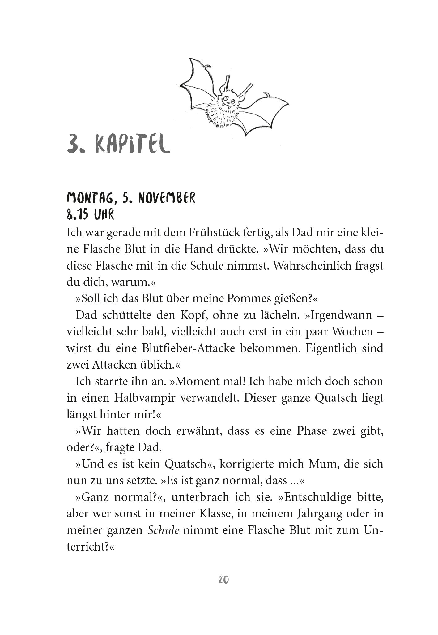 Gezeigt wird eine Innen- oder Zusatzansicht von „Wie man 13 wird, ohne zum Tier zu werden“. Die Seite zeigt das dritte Kapitel, hervorgehoben durch eine handgezeichnete Fledermaus am oberen Rand. Der Text ist in einer klaren, gut lesbaren Schriftart gesetzt, mit einer Mischung aus normalen und fetten Schriftzügen.