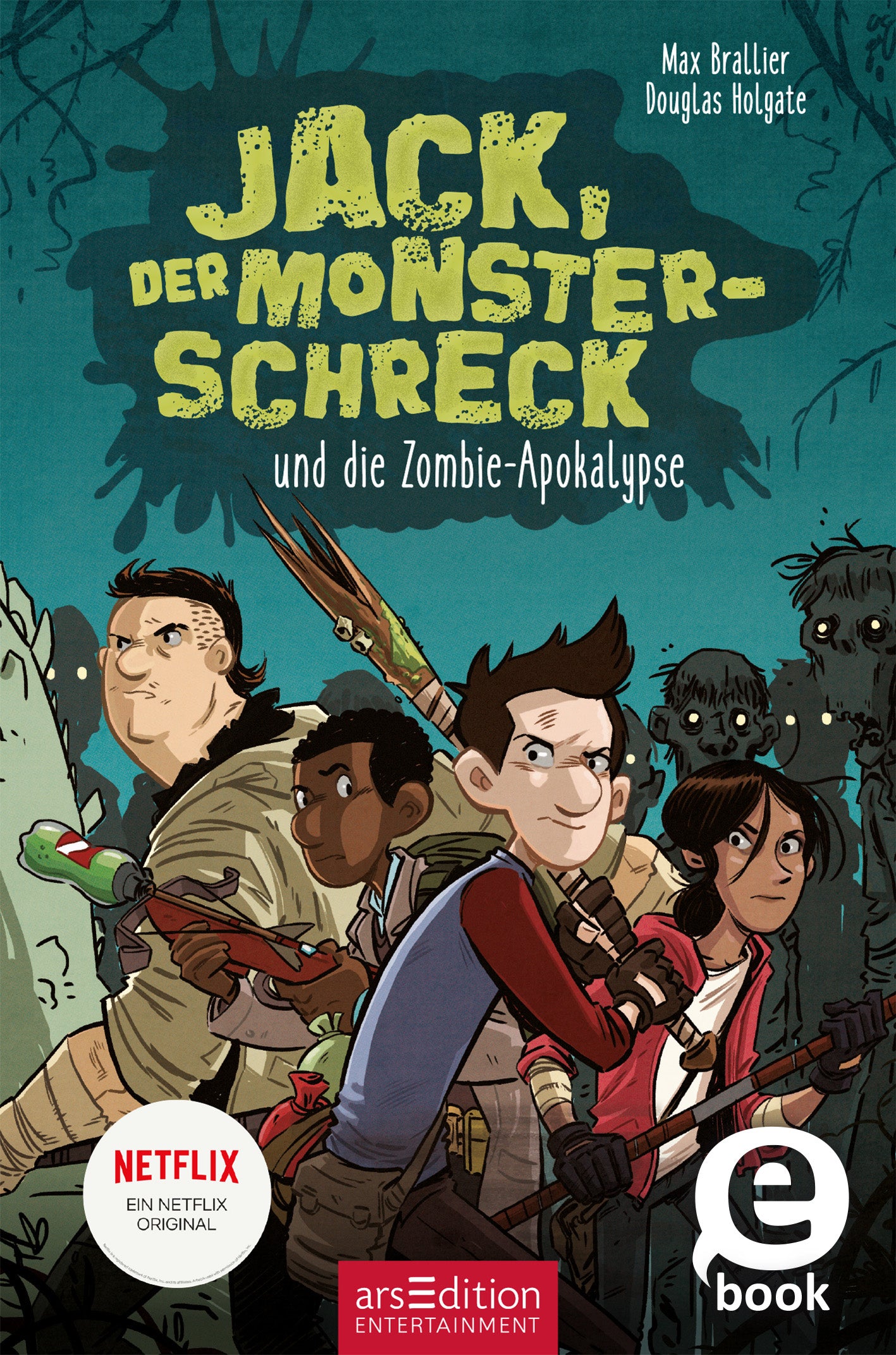 Das Cover zeigt eine bunte, comicartige Illustration mit einer Gruppe von Protagonisten in Dinokostümen, die sich mutig einer Zombie-Apokalypse stellen. Die Hauptfigur Jack ist in der Mitte platziert und lächelt entschlossen. Der Titel „Jack, der Monsterschreck“ und der Untertitel „und die Zombie-Apokalyse“ sind in auffälligen, farbenfrohen Buchstaben gestaltet. Oben links befindet sich der Hinweis „NETFLIX – EIN NETFLIX ORIGINAL“. Ganz unten mittig steht der Logoschriftzug von...