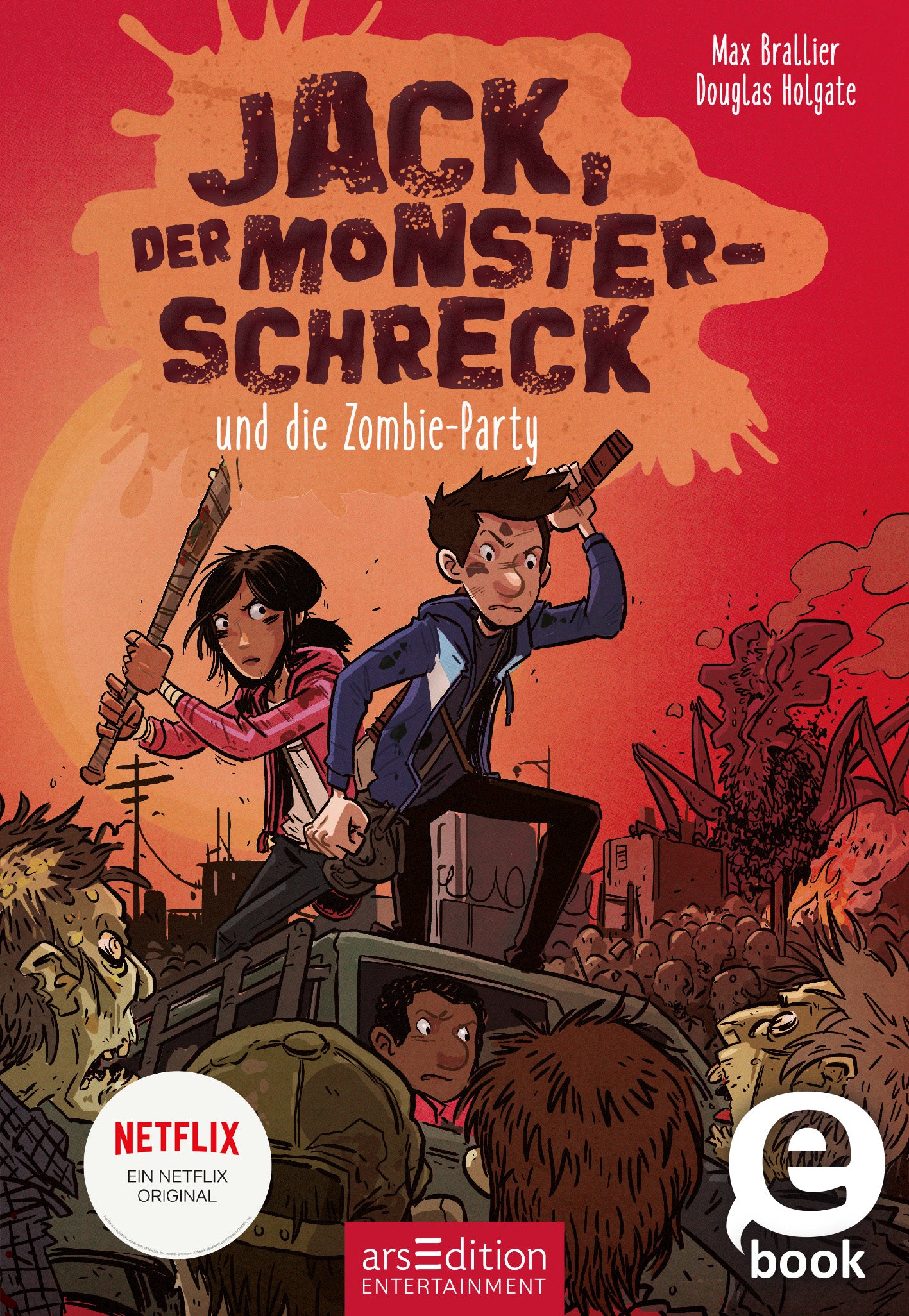 Das Buchcover zeigt eine dynamische, comicartige Illustration mit einem kräftigen roten Hintergrund. Im Vordergrund stehen zwei Kinder: ein Junge mit blauer Jacke und ein Mädchen mit langen, dunklen Haaren, beide bereit für ein Abenteuer. Hinter ihnen sind gruselige Zombie-Gestalten zu sehen, die die Szene lebendig machen. Der Titel „JACK, der MONSTER-Schreck“ erscheint in großen, auffälligen Buchstaben oben, während der Untertitel „und die Zombie-Party“ kleiner darunter steht....