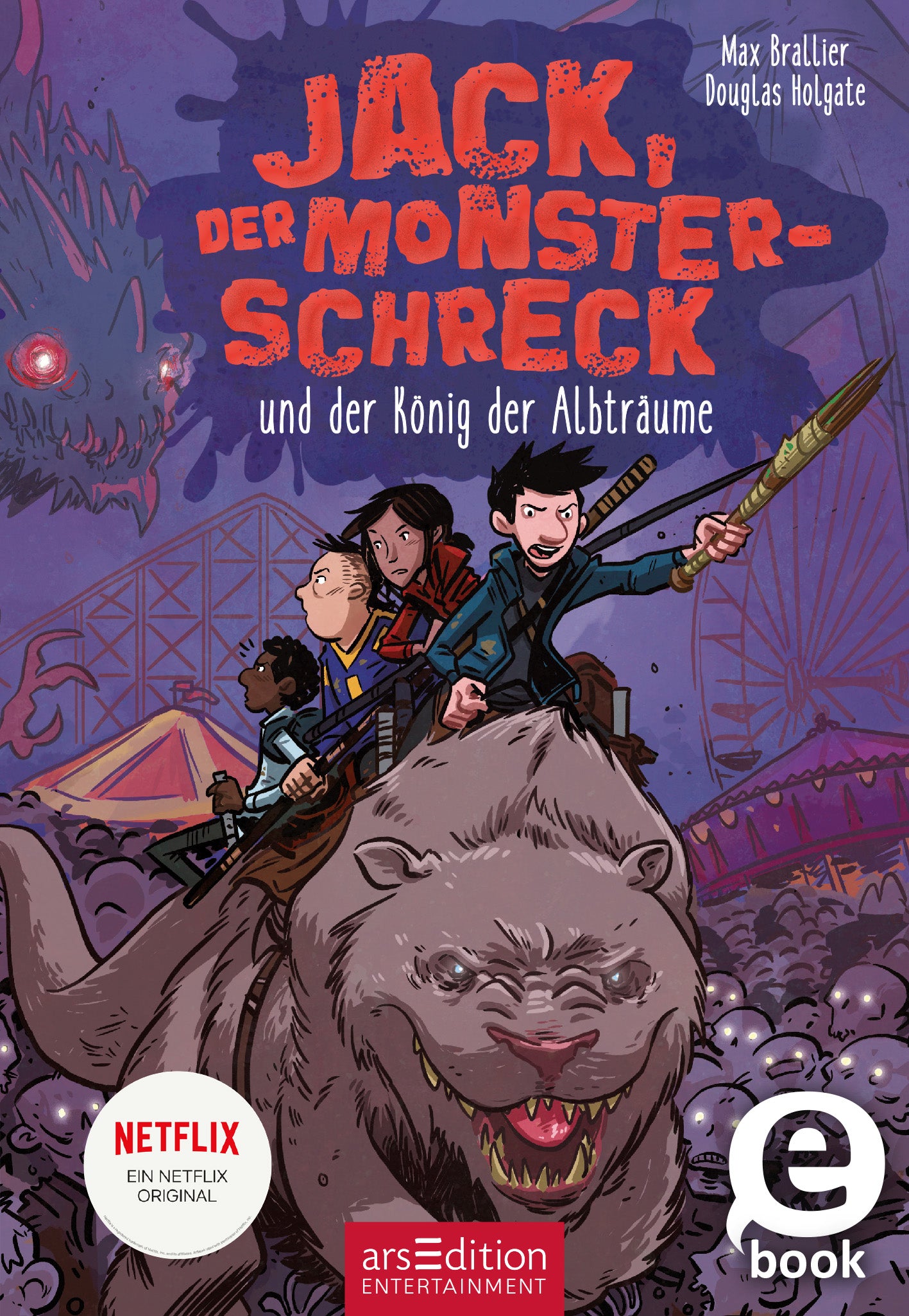Das Buchcover zeigt eine dynamische, comicartige Illustration mit einem großen, furchteinflößenden Monster im Hintergrund. Im Vordergrund stehen drei mutige Hauptcharaktere und ein großer, pelziger Begleiter. Die Farben sind kräftig, dominierend sind Lila- und Rottöne, die eine spannende Atmosphäre vermitteln. Der Titel „Jack, der Monsterschreck“ ist in großen, auffälligen Buchstaben gehalten, während der Untertitel „und der König der Albträume“ darunter in kleineren...