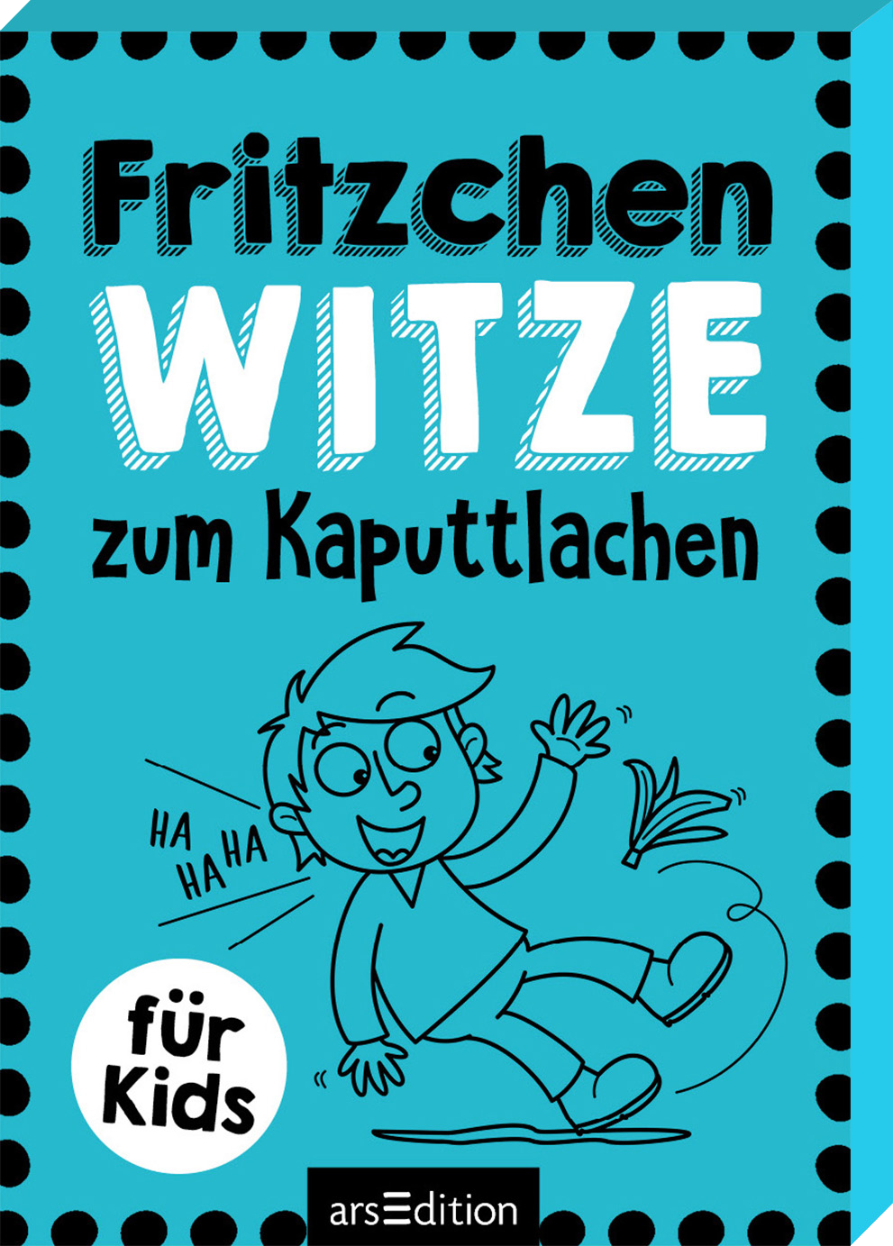 Das 3D-Cover dieser Kartenbox zeigt einen fröhlich lachenden Junge, der auf einer Bananenschale ausrutscht und lacht. Der Hintergrund ist in einem hellen Türkis gestaltet. Der Titel „Fritzchen Witze zum Kaputtlachen“ steht großen Lettern auf der oberen Hälfte des Covers. Unten links ist der Text „für Kids“ abgebildet. Ganz unten mittig steht der Logoschriftzug von arsEdition.