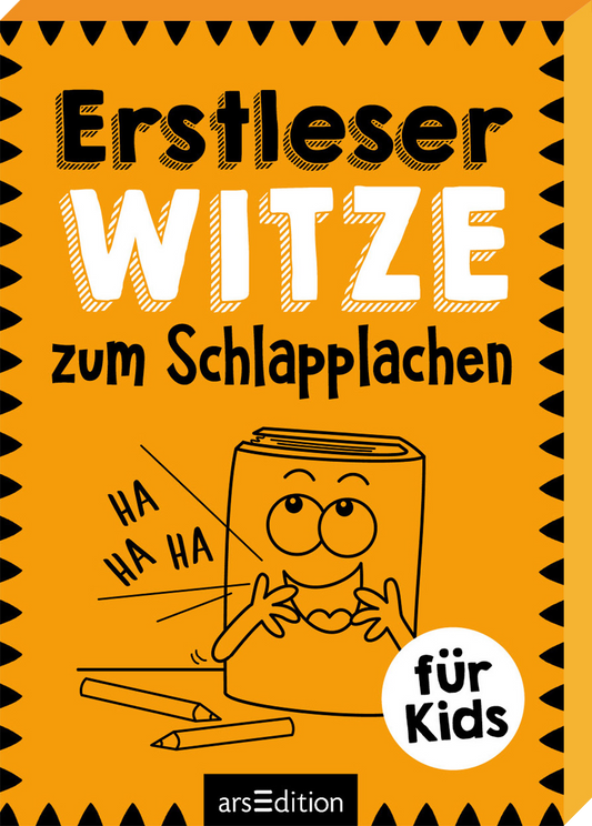 Gezeigt wird ein leuchtend orangefarbenes Cover einer Kartenbox mit dem Titel „Erstleser WITZE zum Schlapplachen“ in großer Schrift. Im oberen Bereich des Covers sind die Worte „Erstleser“ und „WITZE“ prominent platziert, während der Untertitel „zum Schlapplachen“ in kleinerer Schrift dargestellt ist. Eine lustige Buchfigur mit großen Augen und einem lachenden Mund sitzt unter dem Titel, daneben sind zwei Buntstifte abgebildet. Ganz unten mittig steht der Logoschriftzug von...