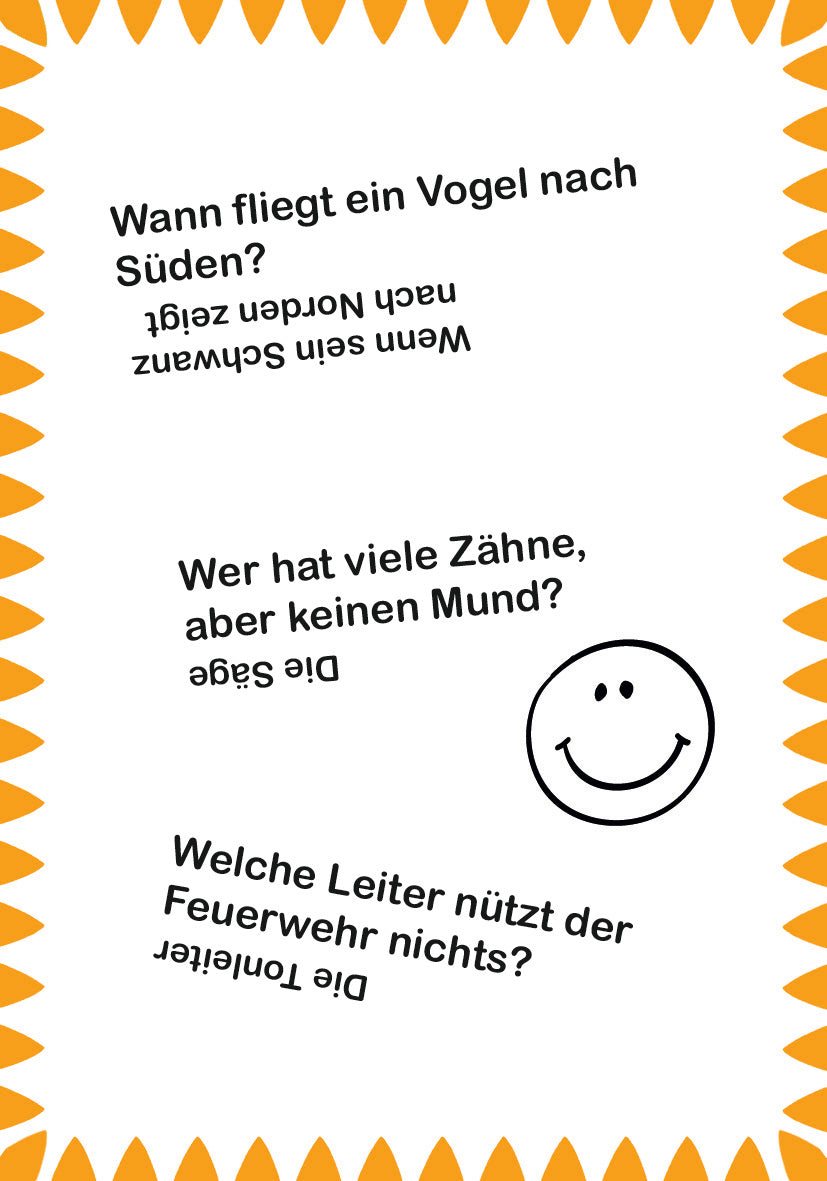Gezeigt wird eine Innen- oder Zusatzansicht von „Erstleser-Witze zum Schlapplachen“. Die Seite zeigt mehrere Witze in variierender Schriftgröße und -art. Die Texte sind in schwarzer Schrift auf weißem Hintergrund angeordnet und umgeben von einem fröhlichen orangen Zackenrand. Ein Smiley ist zentral platziert, was die lockere, kindgerechte Gestaltung unterstreicht. Die Aufmachung ist klar strukturiert und einladend für junge Leser.