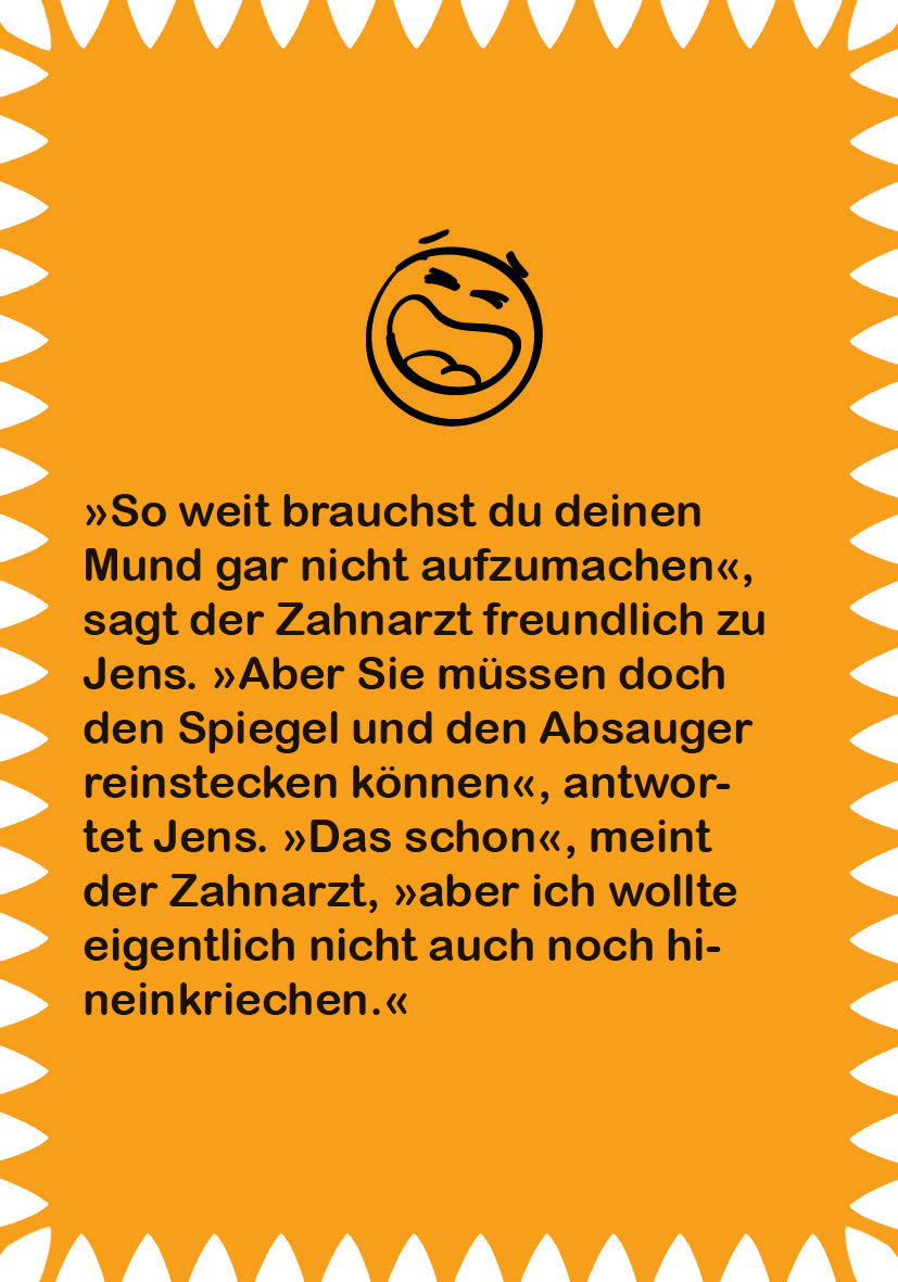 Gezeigt wird eine Innen- oder Zusatzansicht von „Erstleser-Witze zum Schlapplachen“. Der Hintergrund ist leuchtend orange und zieht die Aufmerksamkeit auf sich. In der Mitte befindet sich ein humorvolles Smiley, das ein lachendes Gesicht zeigt. Der Text ist in einer gut lesbaren, großen Schriftart in Schwarz aufgebracht. Der Witz spielt mit einer Dialogstruktur und bietet eine kinderfreundliche, humorvolle Erzählweise. Die Gestaltung fördert das kreative Leseerlebnis für junge Leser.