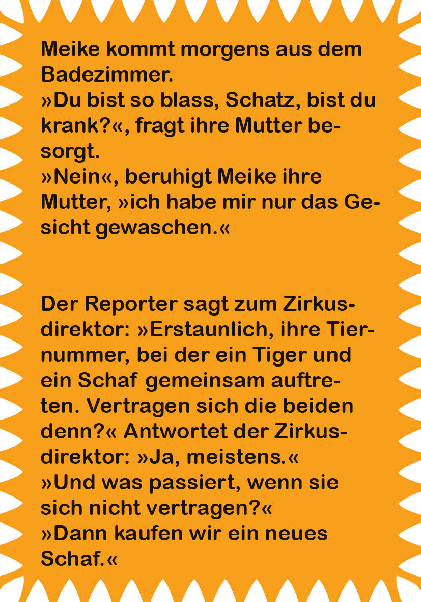 Gezeigt wird eine Innen- oder Zusatzansicht von „Erstleser-Witze zum Schlapplachen“. Der Hintergrund ist in einem leuchtenden Orangeton gehalten. Die Schrift ist klar und in einer gut lesbaren, modernen Typografie gehalten. Auf der Seite sind zwei Witze abgedruckt, jeweils durch Abstände deutlich voneinander getrennt. Die Textfarbe ist in einem kontrastierenden Dunkel, was die Lesbarkeit unterstützt.