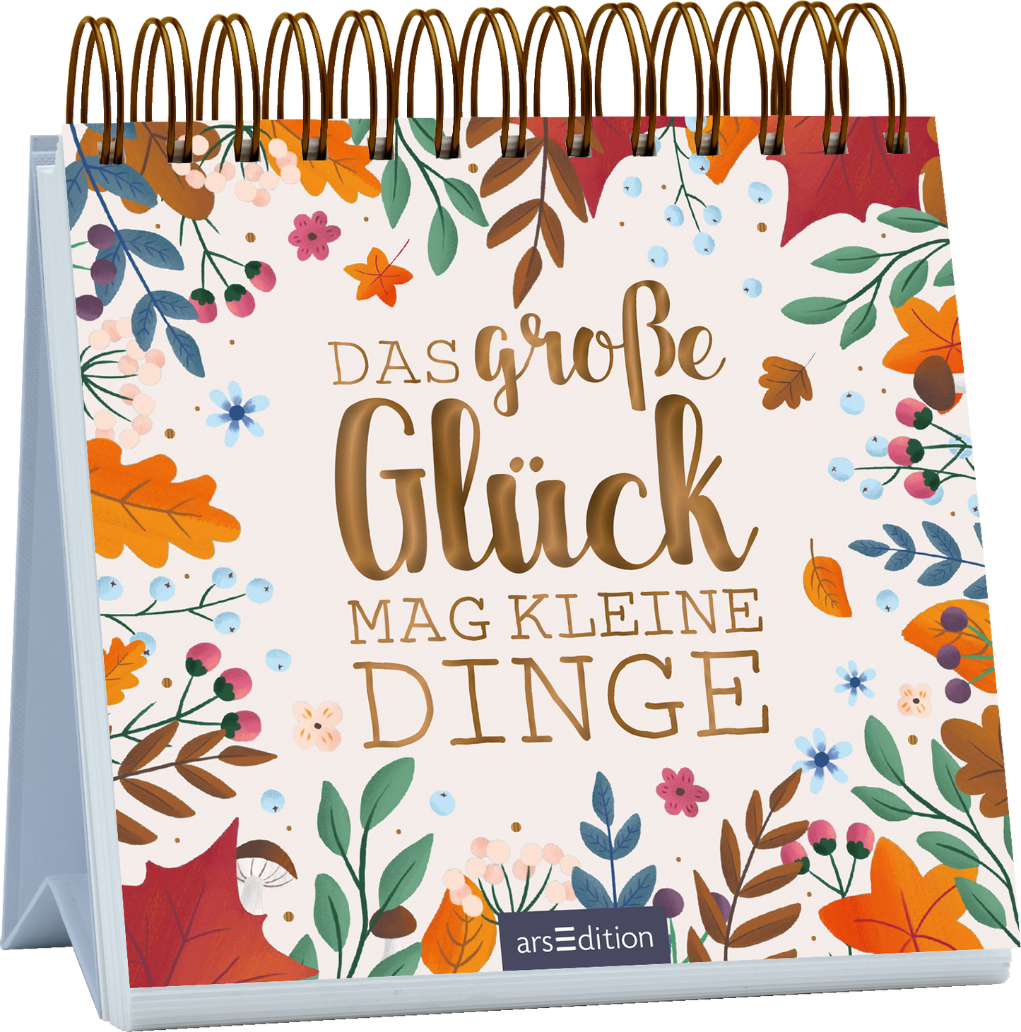Das Buchcover zeigt einen sanften, cremefarbenen Hintergrund, umrahmt von bunten floralen Elementen in Rot-, Orange-, Blau- und Grüntönen. In der Mitte steht in großen, verspielten Buchstaben der Titel „Das große Glück mag kleine Dinge“ in Gold, der Wärme und Freude ausstrahlt. Die Schriftart ist gut lesbar und sorgsam gestaltet. Ganz unten mittig steht der Logoschriftzug von arsEdition.