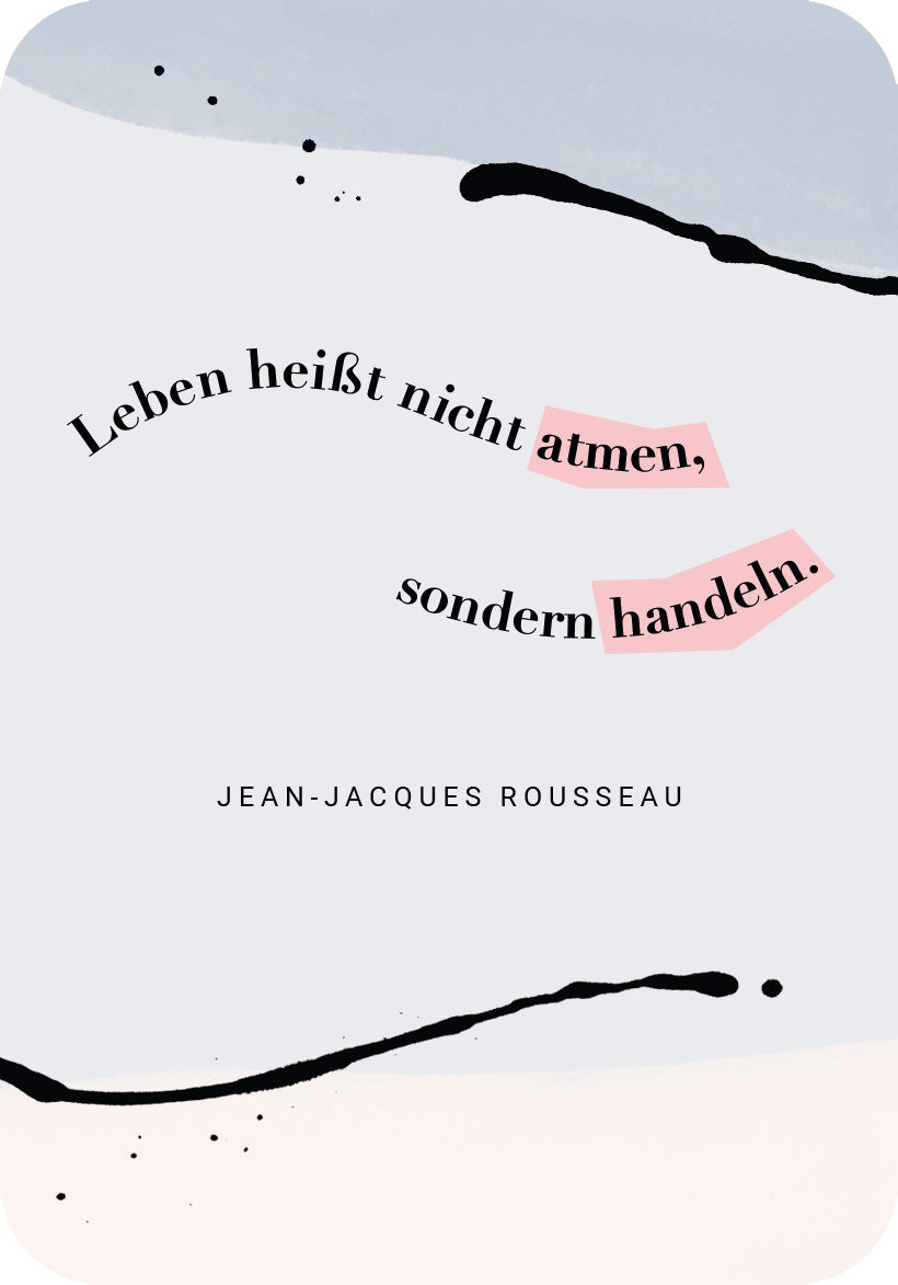 Gezeigt wird eine Innen- oder Zusatzansicht von „Be brave!“. Die Gestaltung umfasst einen sanften, pastellfarbenen Hintergrund in Blau und Rosa, der den Schriftzug harmonisch umrahmt. Der zentrale Text „Leben heißt nicht atmen, sondern handeln.“ ist in einer eleganten, kursiven Typografie gehalten, wobei wichtige Wörter in einer kräftigen, fetten Schrift hervorgehoben sind. Die Verwendung von geschwungenen Linien und dezenten Akzenten sorgt für eine dynamische und einladende...