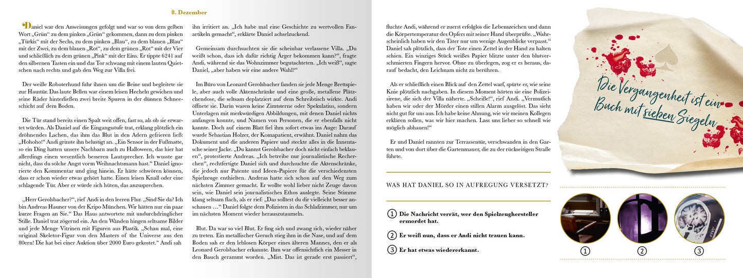 Gezeigt wird eine Innen- oder Zusatzansicht von „Escape Room. Das Geheimnis des Spielzeugmachers“. Die Seiten sind hell gestaltet und zeigen den Titel in einer verspielten, bunten Schriftart. Zentrale Elemente sind Textabsätze, die in dunklerer Schrift hervorgehoben sind, sowie eine grafische Darstellung mit roten Akzenten, die einen geheimnisvollen Charakter vermittelt. Am rechten Rand sind visuelle Hinweise zu sehen, die die Leser auf interaktive Komponenten hinweisen.