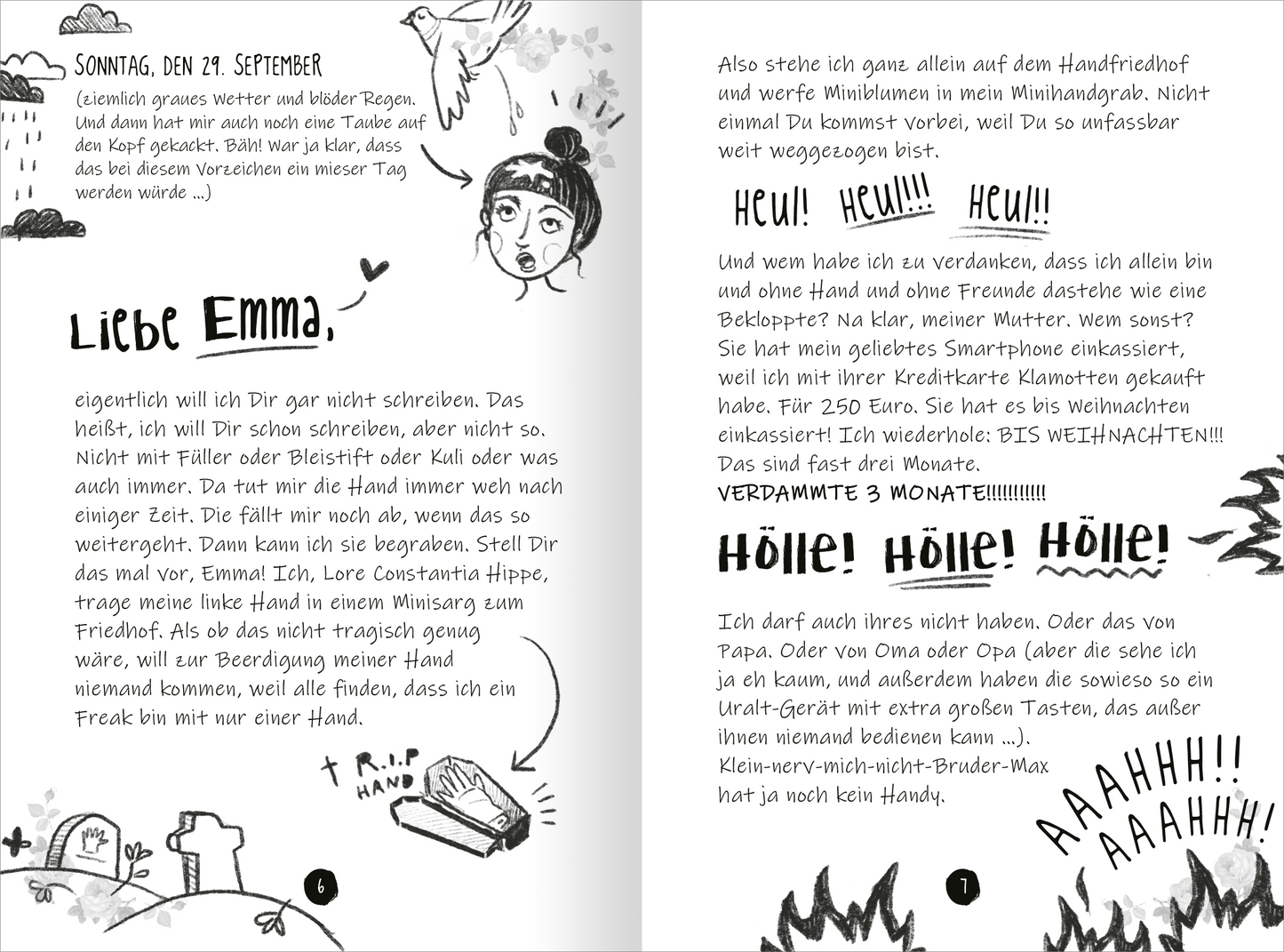 Gezeigt wird eine Innen- oder Zusatzansicht von „PS: Du bist die Beste!“. Die Seiten sind in einem handschriftlichen, persönlichen Stil gehalten. Auf der linken Seite steht „Liebe Emma,“ in geschwungener Schrift, umrahmt von skizzenhaften Illustrationen, darunter eine Zeichnung eines Grabsteins. Auf der rechten Seite werden die Worte „Hölle! Hölle! Hölle!“ in großer, auffälliger Schrift betont. Die Farbpalette ist überwiegend schwarz-weiß mit vereinzelten Akzenten, wodurch...