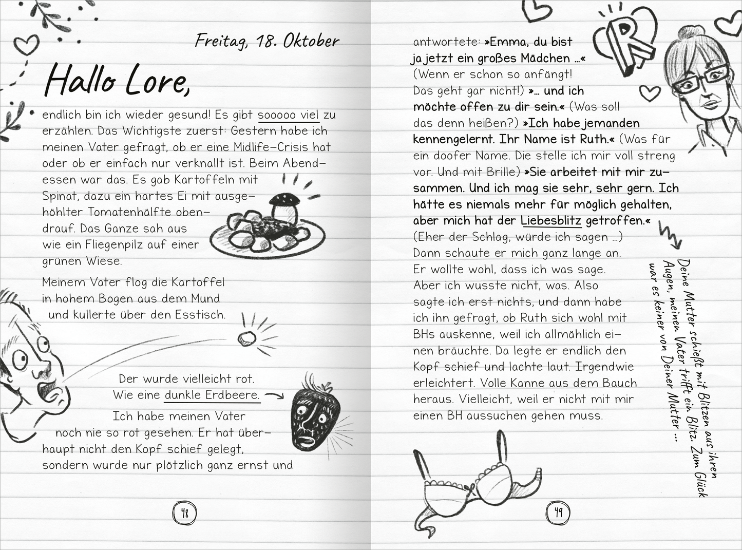 Gezeigt wird eine Innenansicht von „PS: Du bist die Beste!“. Die doppelten Seiten zeigen handschriftlichen Text in Schwarz und graue Strichzeichnungen. Auf der linken Seite steht „Hallo Lore,“ als Anrede, über einem skizzierten Teller mit einer Auswahl an Essen. Auf der rechten Seite sind verschiedene Illustrationen, darunter eine Frau mit Brille und ein Herz, sowie handgezeichnete Figuren. Die Seiten sind hell mit einem leicht strukturierten Hintergrund, was die Lesbarkeit...