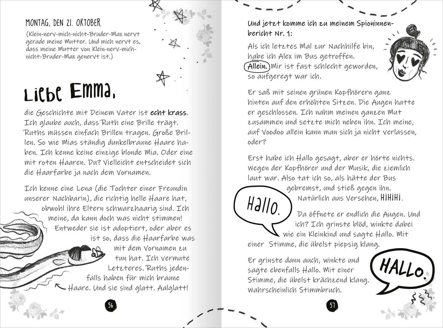 Gezeigt wird eine Innen- oder Zusatzansicht von „PS: Du bist die Beste!“. Die Doppelseite zeigt handschriftlich verfasste Briefe in Schwarz auf weißem Hintergrund. Links wird „Liebe Emma,“ mit einer fließenden Schriftart eingeleitet, umrahmt von skizzenhaften Illustrationen. Rechts sind Sprechblasen abgebildet, die „Hallo“ sagen, ergänzt durch eine Zeichnung eines Mädchens mit Dutt. Die insgesamt fröhliche Gestaltung wird durch minimalistische grafische Elemente und verspielte...
