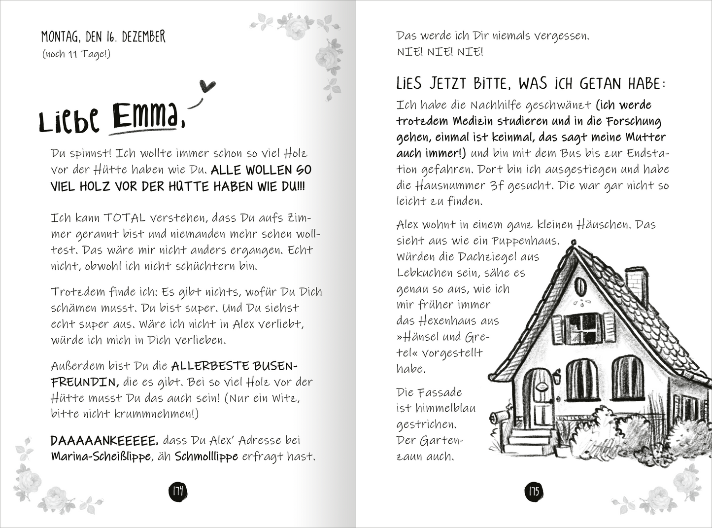 Gezeigt wird eine Innen- oder Zusatzansicht von „PS: Du bist die Beste!“. Die Seite zeigt eine handgeschriebene Nachricht in fließender Schrift, die mit dem Wort „Liebe Emma,“ beginnt. Daneben ist eine Skizze eines kleinen Hauses mit einem Satteldach und einer asymmetrischen Fassade, umgeben von floralen Motiven. Die Schrift ist in Schwarz auf hellem Hintergrund. Am unteren Rand befinden sich Seitenzahlen in einem einfachen, klaren Font.