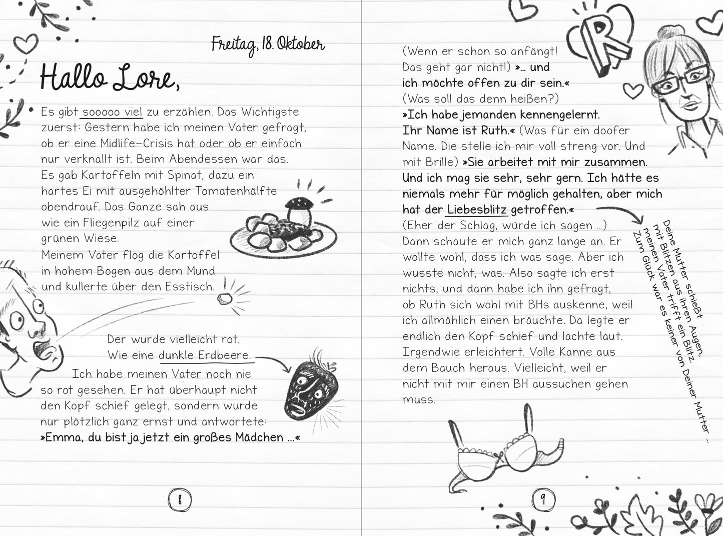 Gezeigt wird eine Innen- oder Zusatzansicht von „PS: Du bist die Beste!“. Die Doppelseite zeigt handschriftlichen Text auf liniertem Papier, mit skizzenhaften Illustrationen. Links sind Zeichnung von Speisen zu sehen. Rechts erkennt man eine skizzenhaften Figur von einer Frau mit Brille. Die Farbgebung ist in Schwarz-Weiß gehalten.