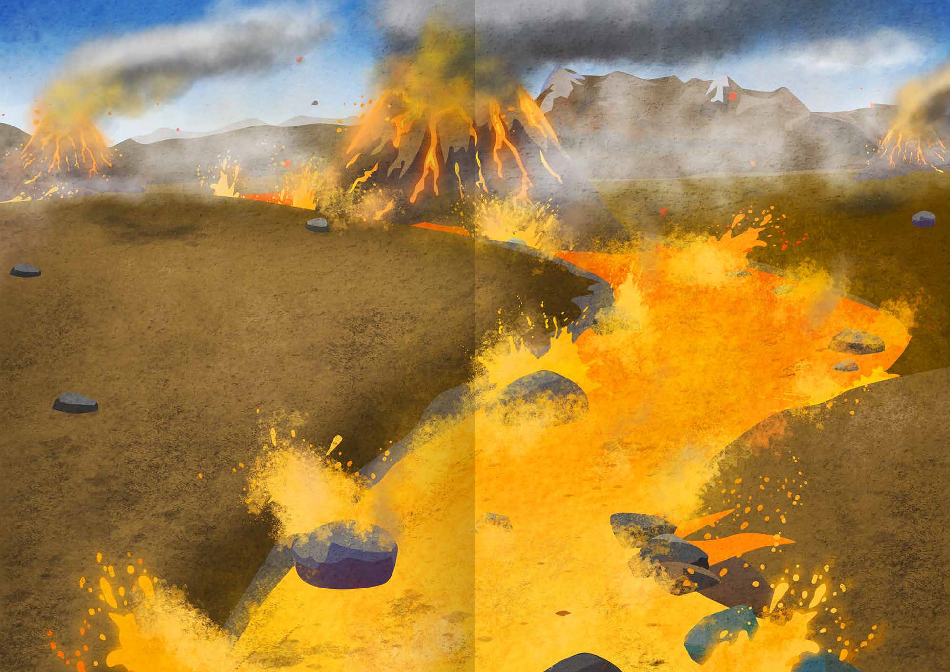 Gezeigt wird eine Innen- oder Zusatzansicht von „WOW! Das Metallic-Stickerbuch – Dinos“. Die Illustration zeigt eine dynamische Vulkanlandschaft mit aktiven Vulkanen, die orangefarbene Lava ausspucken. Der Hintergrund ist in gedeckten Grautönen gehalten, während der Himmel mit blauen und grauen Wolken akzentuiert ist. Steine in verschiedenen Formen und Größen sind auf dem erdigen Boden verteilt. Die Typografie bleibt einfach gehalten und dient den Illustrationen als ergänzendes...