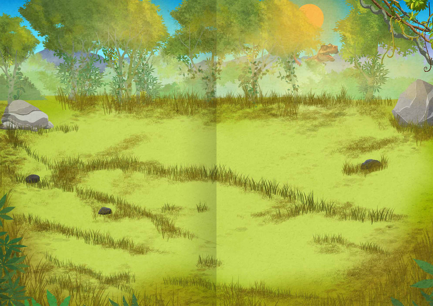 Gezeigt wird eine Innen- oder Zusatzansicht von „WOW! Das Metallic-Stickerbuch – Dinos“. Die Illustration zeigt eine grüne Wiese mit hohem Gras, umgeben von dichten Bäumen im Hintergrund. Auf der rechten Seite ist ein großer Felsen zu sehen, während mehrere kleine Steine auf dem Boden verteilt sind. Im Himmel strahlt eine orangefarbene Sonne am Horizont. Der gesamte Farbton ist lebendig und freundlich, ideal für Kinder. Die Typografie ist verspielt und ansprechend gestaltet.