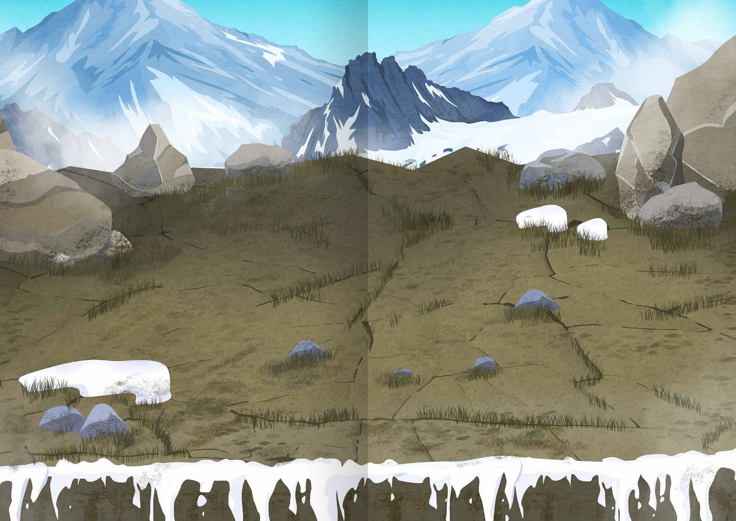 Gezeigt wird eine Innen- oder Zusatzansicht von „WOW! Das Metallic-Stickerbuch – Dinos“. Die Abbildung zeigt eine Abenteuerlandschaft mit schneebedeckten Bergen im Hintergrund und einem erdigen Vordergrund. Graue Felsen und vereinzelte grüne Gräser sind sichtbar. Die Farbpalette reicht von kühlen Blautönen für den Himmel bis zu erdigen Tönen, die eine natürliche Umgebung darstellen. Die Typografie ist verspielt und kindgerecht, passend zum Thema Dinos.