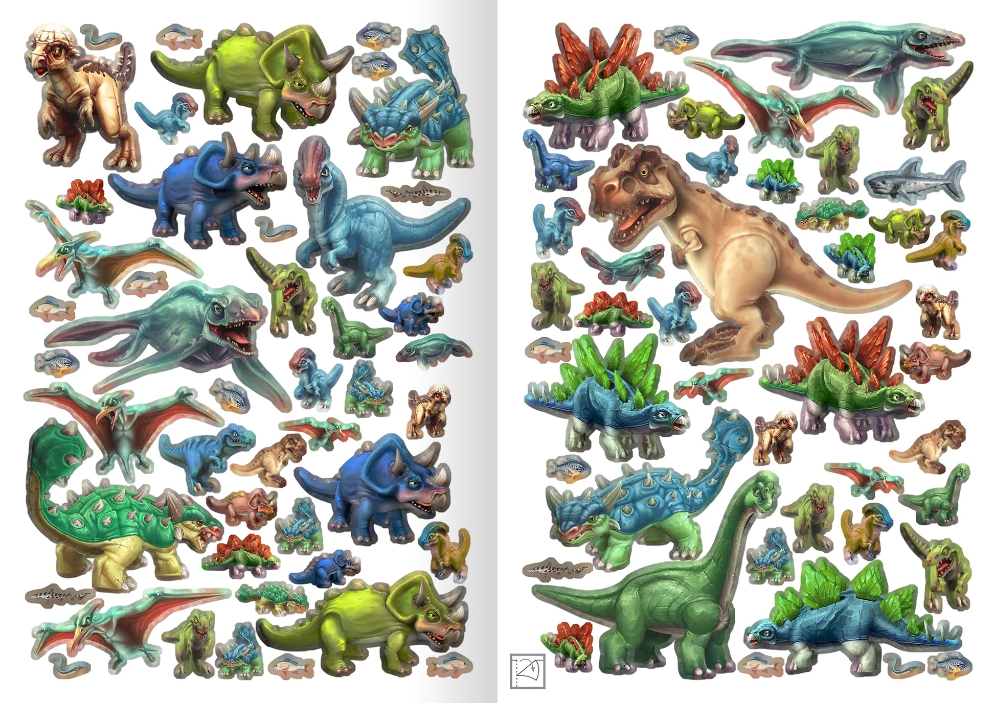 Gezeigt wird eine Innen- oder Zusatzansicht von „WOW! Das Metallic-Stickerbuch – Dinos“. Die Seite enthält eine Vielzahl von farbenfrohen Dinosaurier-Stickern in lebendigen Farben wie Blau, Grün, Rot und Gelb. Verschiedene Dinosaurierarten, wie Triceratops und T-Rex, sind detailreich und realistisch dargestellt. Die Typografie der Titel ist verspielt und ansprechend, das Layout ist übersichtlich, wodurch die Sticker leicht erkennbar sind.