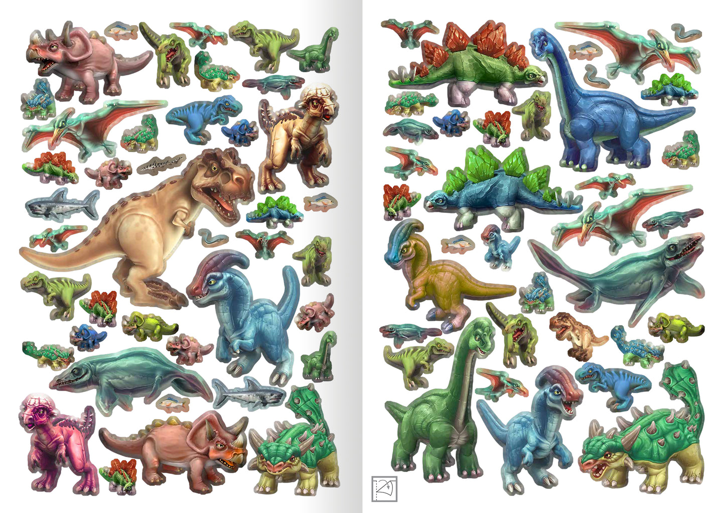 Gezeigt wird eine Innen- oder Zusatzansicht von „WOW! Das Metallic-Stickerbuch – Dinos“. Auf der Doppelseite sind zahlreiche farbenfrohe Dinosaurier-Sticker in verschiedenen Größen angeordnet. Die Sticker zeigen detaillierte Illustrationen in lebhaften Farben wie Grün, Blau, Rot und Lila. Die Typografie ist spielerisch und kindgerecht gestaltet. Die Dinos wirken freundlich und ansprechend, was die Vorstellungskraft anregt. Einige Sticker sind von bunten Pflanzen umgeben, die das...