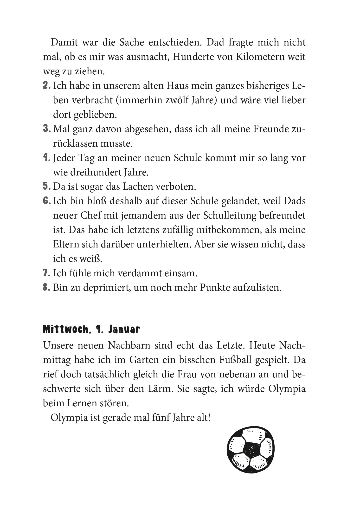 Gezeigt wird eine Innen- oder Zusatzansicht von „Wie man seine Eltern erzieht“. Der Text auf der Seite ist in einer gut lesbaren Schrift gehalten, versehen mit klaren Absätzen und einer nummerierten Aufzählung. Der Hintergrund ist Weiß, während der Text in Schwarz gedruckt ist, was einen hohen Kontrast bietet. Am unteren Rand der Seite ist eine schwarz-weiße Illustration eines Fußballs zu sehen.