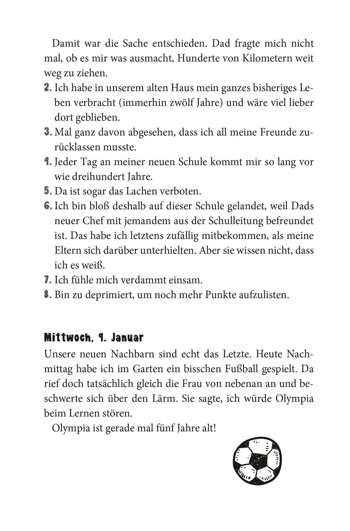 Gezeigt wird eine Innen- oder Zusatzansicht von „Wie man seine Eltern erzieht“. Der Text auf der Seite ist in einer gut lesbaren Schrift gehalten, versehen mit klaren Absätzen und einer nummerierten Aufzählung. Der Hintergrund ist Weiß, während der Text in Schwarz gedruckt ist, was einen hohen Kontrast bietet. Am unteren Rand der Seite ist eine schwarz-weiße Illustration eines Fußballs zu sehen.