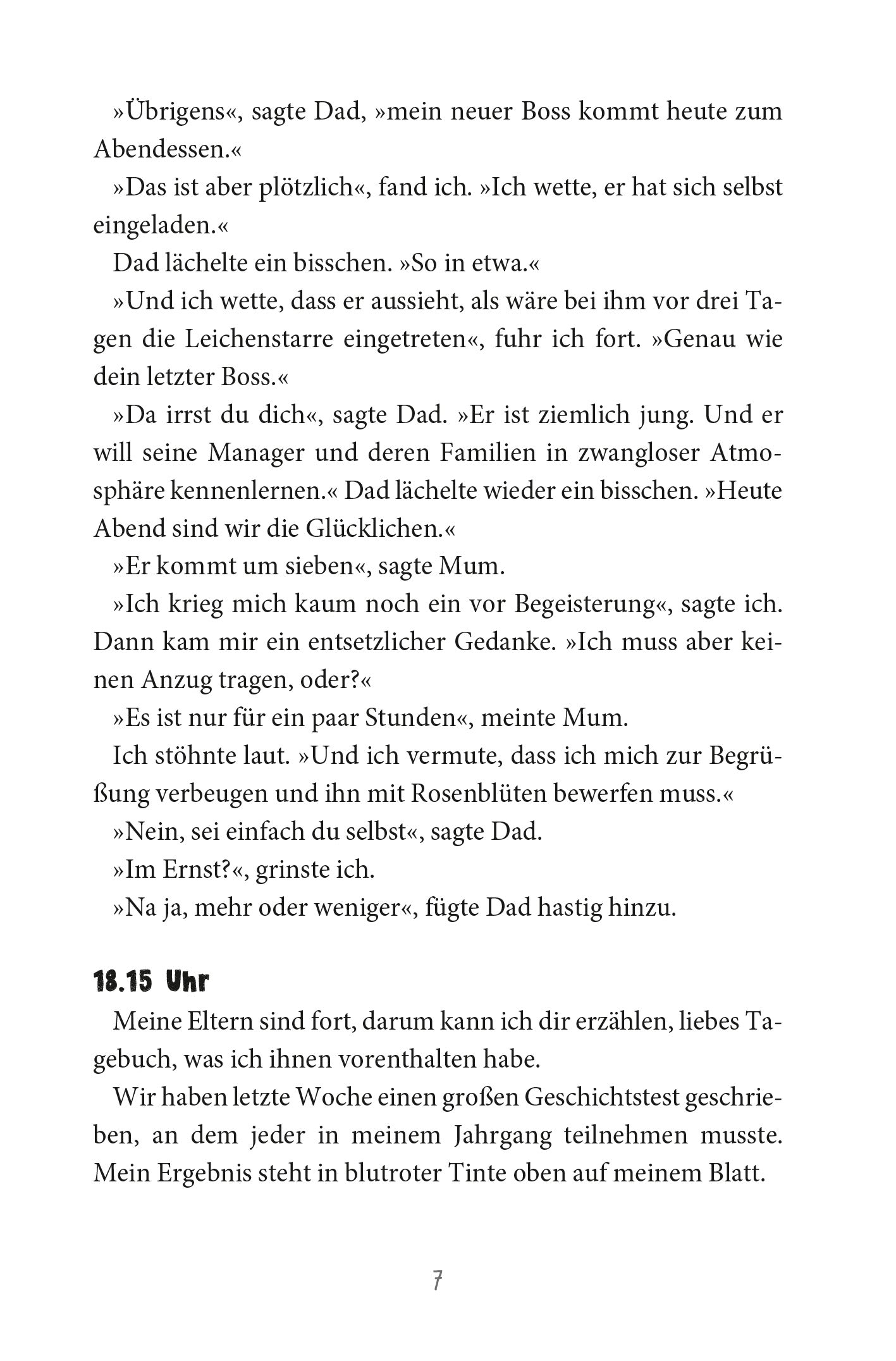 Gezeigt wird eine Innen- oder Zusatzansicht von „Wie man seine peinlichen Eltern erträgt“. Die Seite zeigt einen einfach gestalteten, gut lesbaren Text in schwarzer Schrift auf weißem Hintergrund. Die typografische Gestaltung umfasst klare Absätze und eine lesefreundliche Schriftart. Es sind keine Bilder oder Illustrationen vorhanden. Überschriften sind fett markiert und manche Sätze sind kursiv gesetzt.