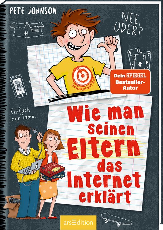 Das Buchcover zeigt einen humorvollen Cartoon-Stil mit einem Jungen in einem gelben T-Shirt. Darunter links stehen seine Eltern, die einen Laptop und Bücher tragen. Der Hintergrund es Titels sieht aus wie ein Notizblock, und die Farben sind lebhaft, vor allem Gelb, Rot und Weiß. Der Titel „Wie man seinen Eltern das Internet erklärt“ ist in großen, roten Buchstaben gestaltet. Oben rechts befindet sich ein SPIEGEL-Bestseller-Button mit dem Text „Dein SPIEGEL Bestseller-Autor“. Ganz...