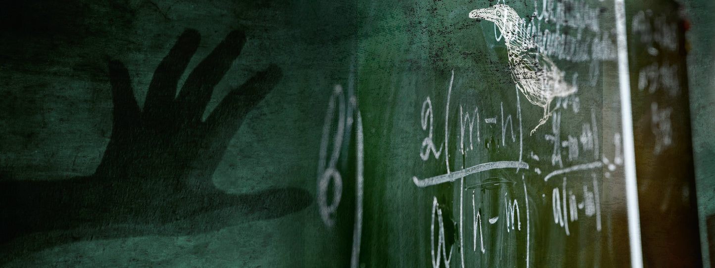 Gezeigt wird eine Innenansicht von „Escape Room. Der Schatten des Raben“. Die Darstellung zeigt eine düstere, grüne Tafel, auf der mathematische Formeln und die Zeichnung eines Raben mit Kreide skizziert sind. Eine schemenhafte Hand ist im Schatten sichtbar, was eine geheimnisvolle Atmosphäre erzeugt. Die Typografie der Formeln ist klar und sachlich, während die düstere Farbgebung die Spannung des Escape Rooms betont.