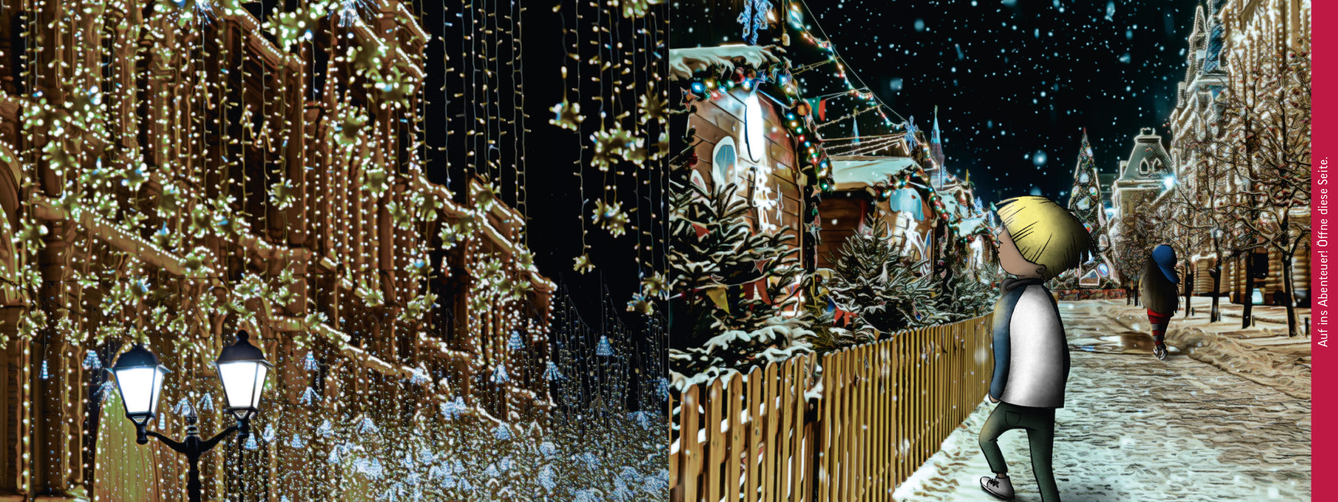 Gezeigt wird eine Innen- oder Zusatzansicht von „Escape Room Adventskalender. Die drei unheimlichen Geschenke“. Die Szene zeigt einen verschneiten, festlich geschmückten Stadtbereich bei Nacht. Lichterschnüre und Weihnachtsdekorationen erleuchten die Umgebung. Ein kleiner Junge mit blonder Mütze blickt fasziniert auf die festlich dekorierten Häuser. Die dominierenden Farben sind Blau, Weiß und Gold. Die Seite ist verspielt und weihnachtlich gestaltet.