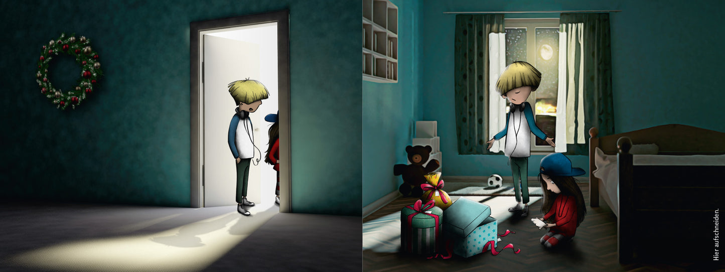 Gezeigt wird eine Innen- oder Zusatzansicht von „Escape Room Adventskalender. Die drei unheimlichen Geschenke“. Das Bild zeigt einen Jungen mit blonden Haaren, der in einem dunklen Raum steht und auf einen Lichtstrahl blickt, der aus einer offenen Tür kommt. Im rechten Bereich sind zwei Kinder, ein Mädchen mit rotem Pulli und ein Junge mit blauer Mütze, die um einen bunten Koffer sitzen, umgeben von Spielsachen. Die Wände sind in einem sanften Blau gestrichen, und die Fenster schauen...