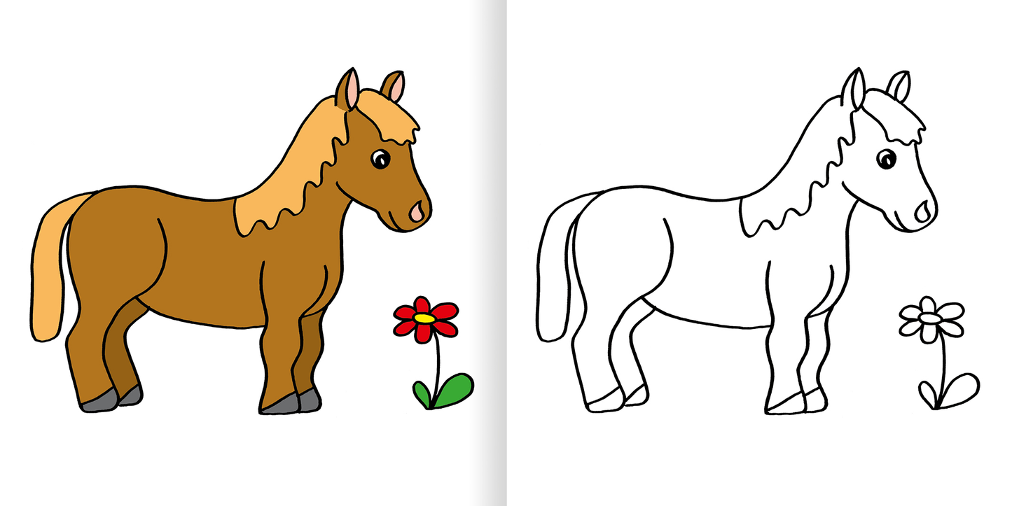 Gezeigt wird eine Innen- oder Zusatzansicht von „Mein erstes dickes Malbuch ab 2 – Tiere“. Die Illustration zeigt links ein buntes, braunes Pferd mit einer hellen Mähne, das neben einer roten Blume steht. Rechts ist eine schwarz-weiße Ausmalversion desselben Pferdes abgebildet, ebenfalls mit einer Blume. Die verwendeten Schriftarten sind kindgerecht und klar, die Farben auf der linken Seite sind lebhaft und ansprechend für kleine Kinder.