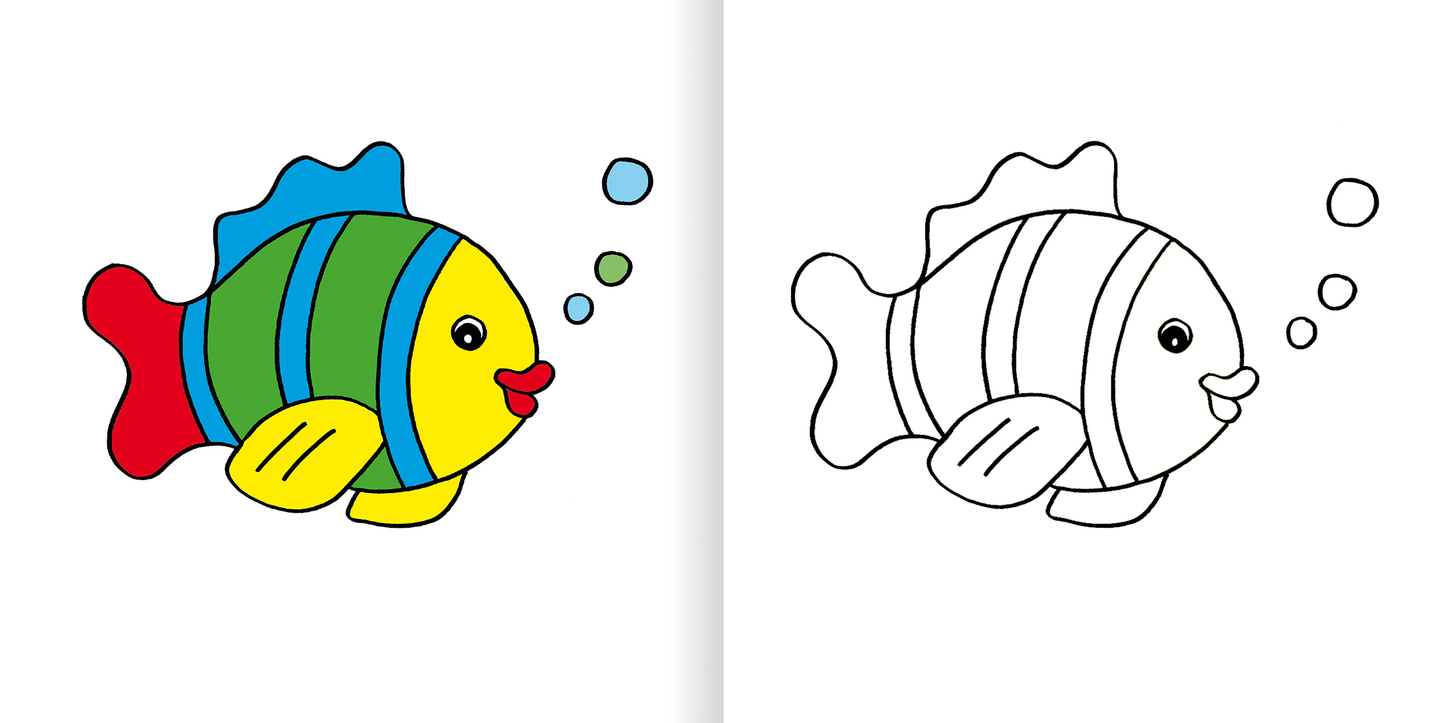 Gezeigt wird eine Innen- oder Zusatzansicht von „Mein erstes dickes Malbuch ab 2 – Tiere“. Auf der linken Seite ist ein buntes, fröhliches Fischmotiv in leuchtenden Farben wie Gelb, Blau, Grün und Rot dargestellt, umgeben von kleinen Blasen. Die rechte Seite zeigt eine umreißte, schwarz-weiße Version des Fisches, die zum Ausmalen einlädt. Die klare, einfache Typografie unterstützt die kinderfreundliche Gestaltung des Buches.