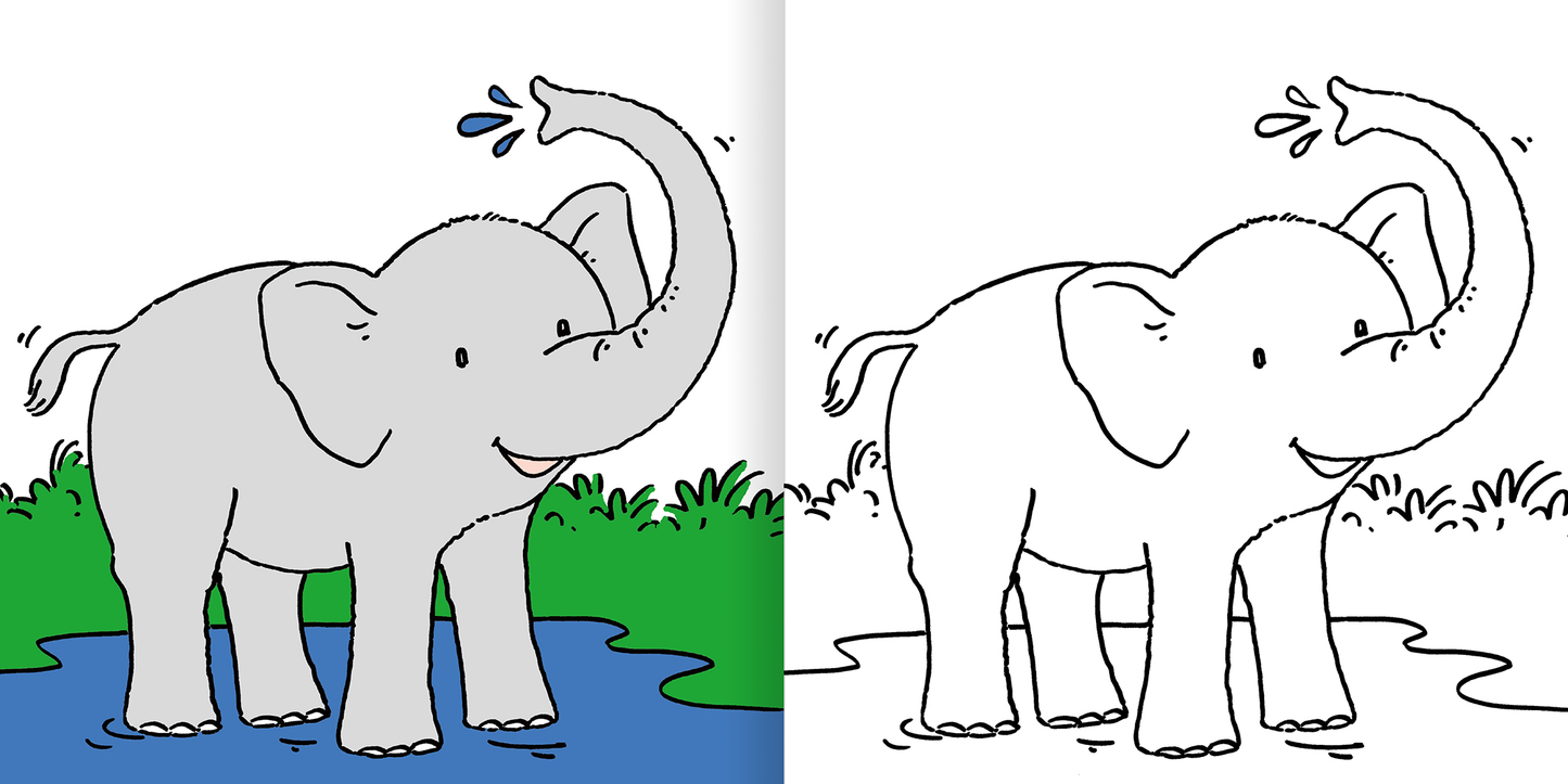 Gezeigt wird eine Innen- oder Zusatzansicht von „Mein erstes dickes Malbuch ab 2 – Tiere“. Die Abbildung zeigt einen niedlichen Elefanten, der mit seinem Rüssel Wasser verspritzt. Auf der linken Seite ist der Elefant farbig in Grautönen und mit grünen Pflanzen sowie einem blauen Wasserbereich sichtbar. Die rechte Seite zeigt die schwarz-weiße Konturversion, die zum Ausmalen einlädt. Die klare, kindgerechte Typografie ist in modernem Stil gehalten.