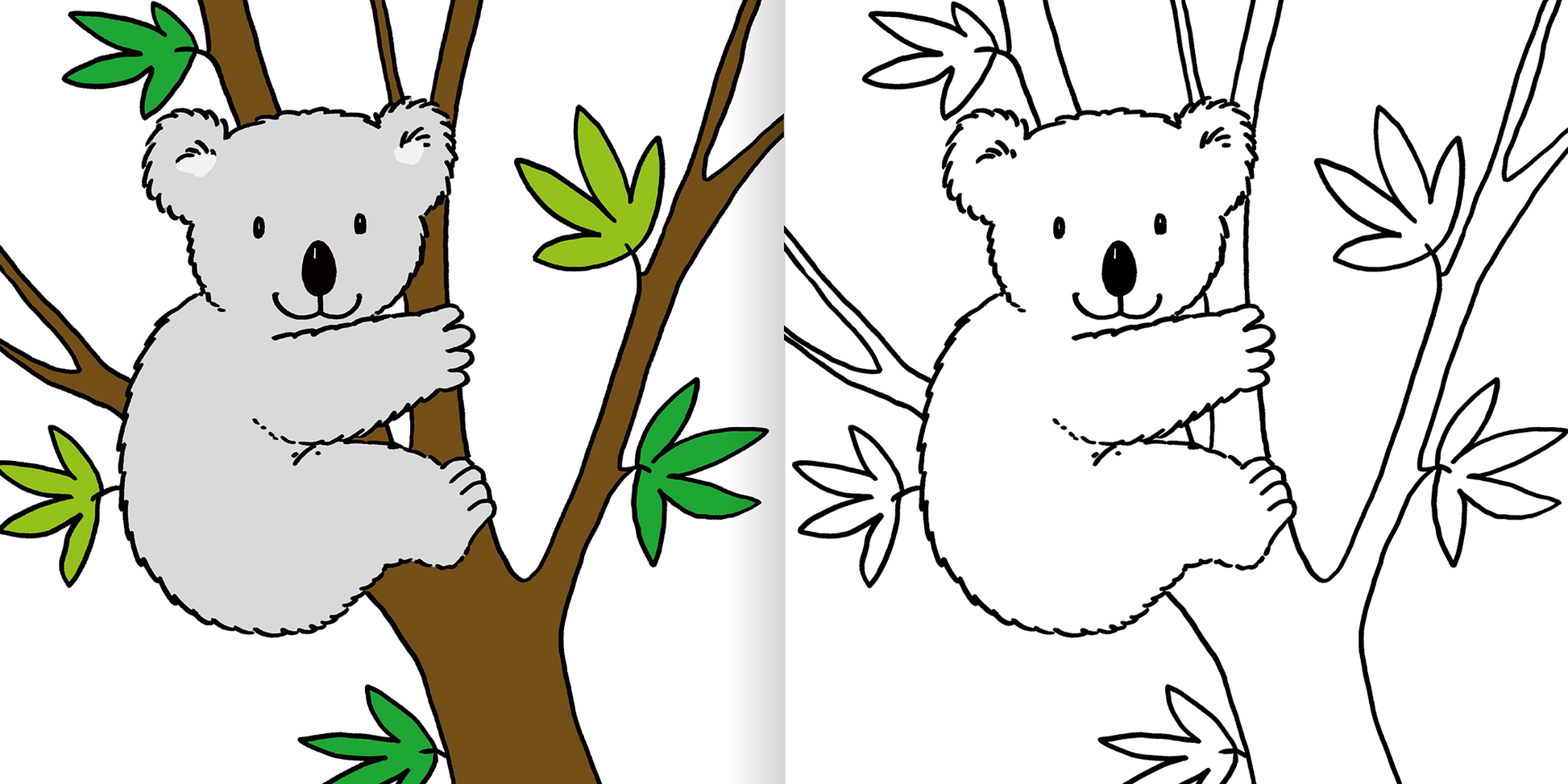 Gezeigt wird eine Innen- oder Zusatzansicht von „Mein erstes dickes Malbuch ab 2 – Tiere“. Die Abbildung zeigt einen süßen Koala, der an einem Baum sitzt. Die linke Seite ist farbig und zeigt braune Baumstämme sowie grüne Blätter, während der Koala in sanften Grau- und Weißtönen gehalten ist. Die rechte Seite präsentiert dieselbe Szene in einer Ausmalversion, nur in Schwarzweiß ohne Farben, mit skizzierten Konturen und Details, die zum Ausmalen einladen.