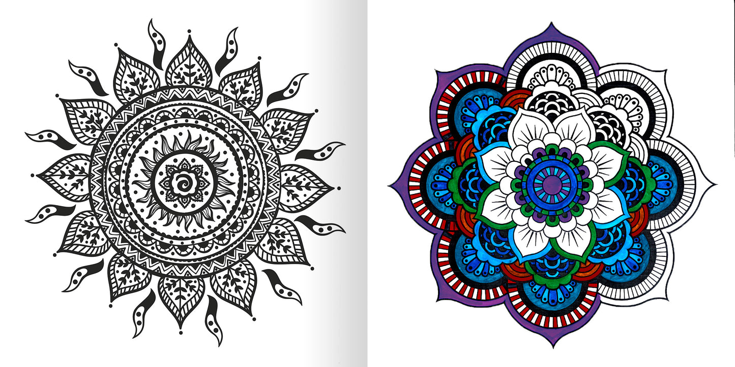 Gezeigt wird eine Innen- oder Zusatzansicht von „Mandala-Zauber“. Die Abbildung zeigt links ein detailliertes, schwarz-weißes Mandala mit floralen Motiven und symmetrischen Mustern. Rechts befindet sich ein buntes Mandala in lebhaften Farben wie Blau, Grün und Rot, das von einer zentralen weißen Blüte umrahmt wird.