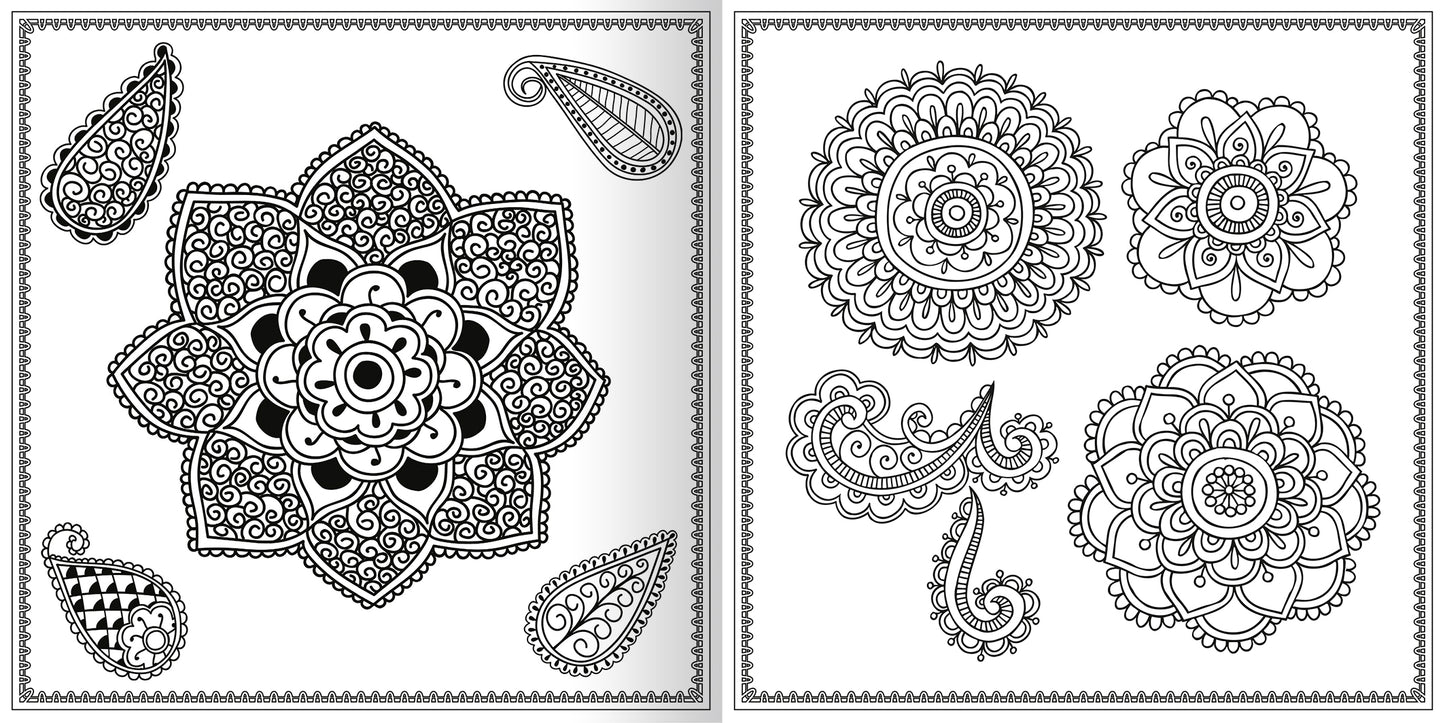 Gezeigt wird eine Innen- oder Zusatzansicht von „Mandala-Zauber“. Die Abbildung präsentiert kunstvoll gestaltete Mandalas und Ornamente in Schwarz-Weiß. Ein großes, zentral platziertes Mandala mit kreisförmigen Mustern wird von mehreren kleineren, feinen Designs umgeben. Die Struktur ist detailreich, mit eleganten Schwüngen und geometrischen Formen, die zum Ausmalen einladen.