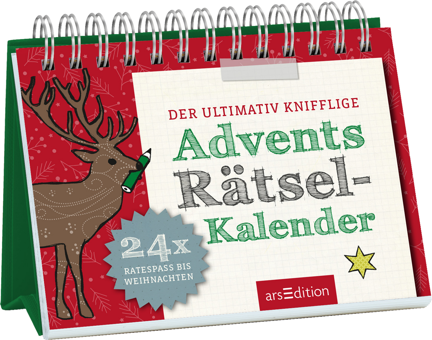 Das Cover zeigt einen fröhlichen, stilisierten Hirsch auf rotem Hintergrund, der mit weißen Schneeflocken sowie einer goldgelben Sterngrafik umgeben ist. Der Titel „Advents Rätsel-Kalender“ ist in handschriftlicher Schriftart in Grün gehalten, während der Untertitel „24x RATESPASS BIS WEIHNACHTEN“ auf einem blauen Wimpel platziert ist. Darüber steht der Satz „DER ULTIMATIV KNIFFLIGE“ in einer klaren, größeren Schrift. Ganz unten mittig steht der Logoschriftzug von arsEdition.