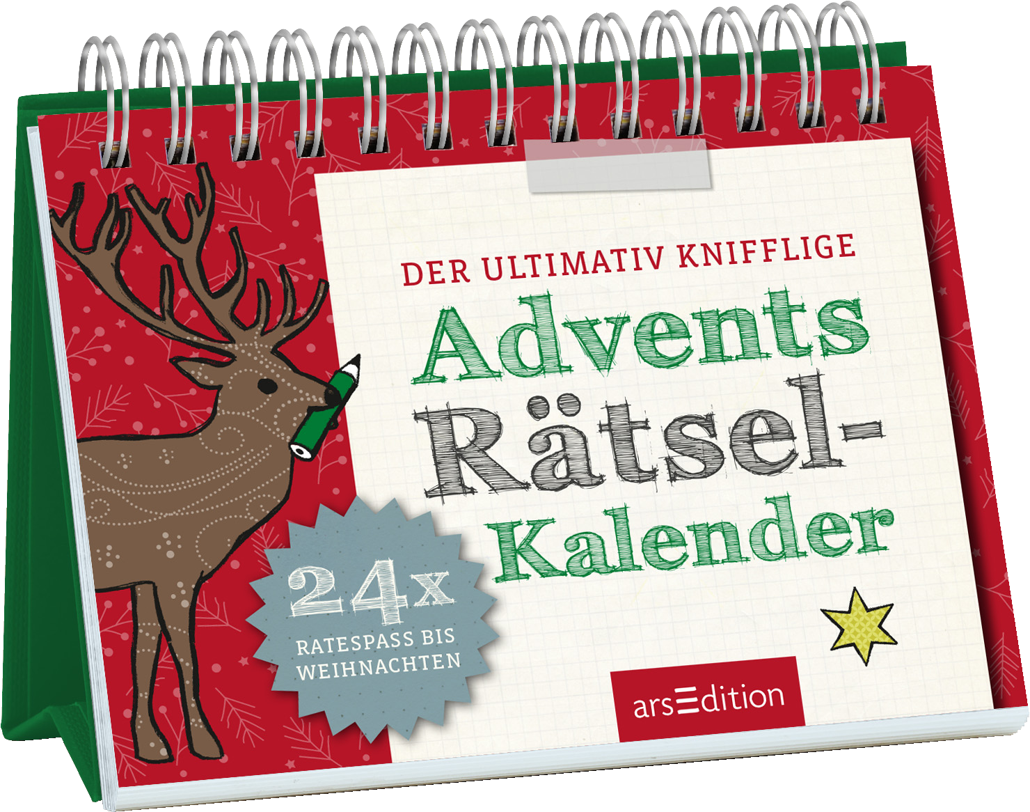 Das Cover zeigt einen fröhlichen, stilisierten Hirsch auf rotem Hintergrund, der mit weißen Schneeflocken sowie einer goldgelben Sterngrafik umgeben ist. Der Titel „Advents Rätsel-Kalender“ ist in handschriftlicher Schriftart in Grün gehalten, während der Untertitel „24x RATESPASS BIS WEIHNACHTEN“ auf einem blauen Wimpel platziert ist. Darüber steht der Satz „DER ULTIMATIV KNIFFLIGE“ in einer klaren, größeren Schrift. Ganz unten mittig steht der Logoschriftzug von arsEdition.