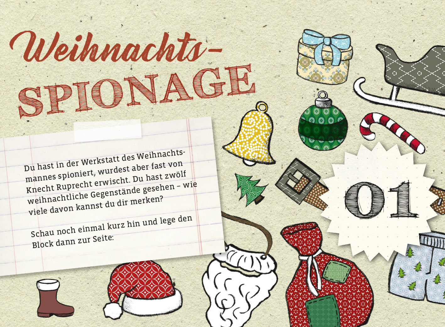 Gezeigt wird eine Innen- oder Zusatzansicht von „Der ultimativ knifflige Advents-Rätsel-Kalender“. Die Seite ist in sanften Pastell- und Weihnachtsfarben gehalten. Oben steht der Titel „Weihnachtsspionage“ in einer verspielten, handschriftlichen Schriftart. Darunter befindet sich ein Textblock auf einem kraftpapierähnlichen Hintergrund. Umrahmt wird die Seite von verzierten Illustrationen weihnachtlicher Symbole wie Geschenken, einem Glockenmotiv und einem Weihnachtsmann-Hut, die...